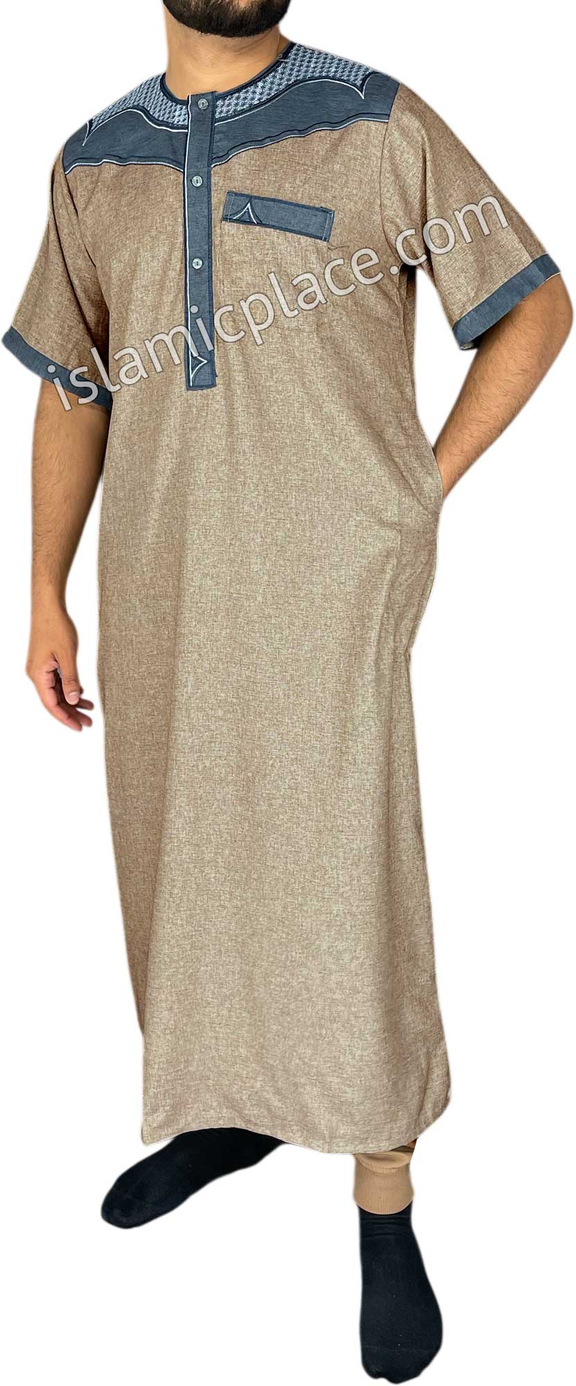 Khaki and Gray - Haleem Style Short Sleeve Thob