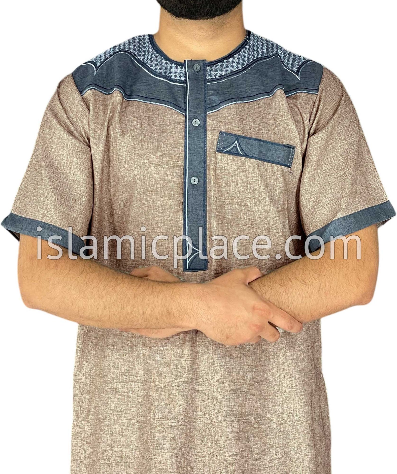 Khaki and Gray - Haleem Style Short Sleeve Thob