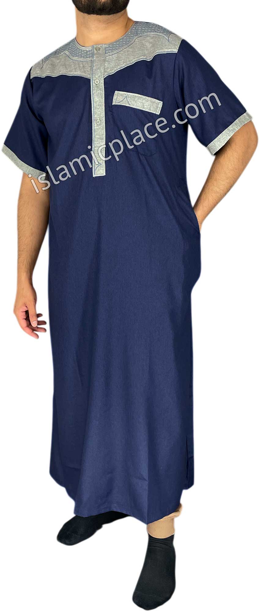 Navy Blue and Silver Gray - Haleem Style Short Sleeve Thob