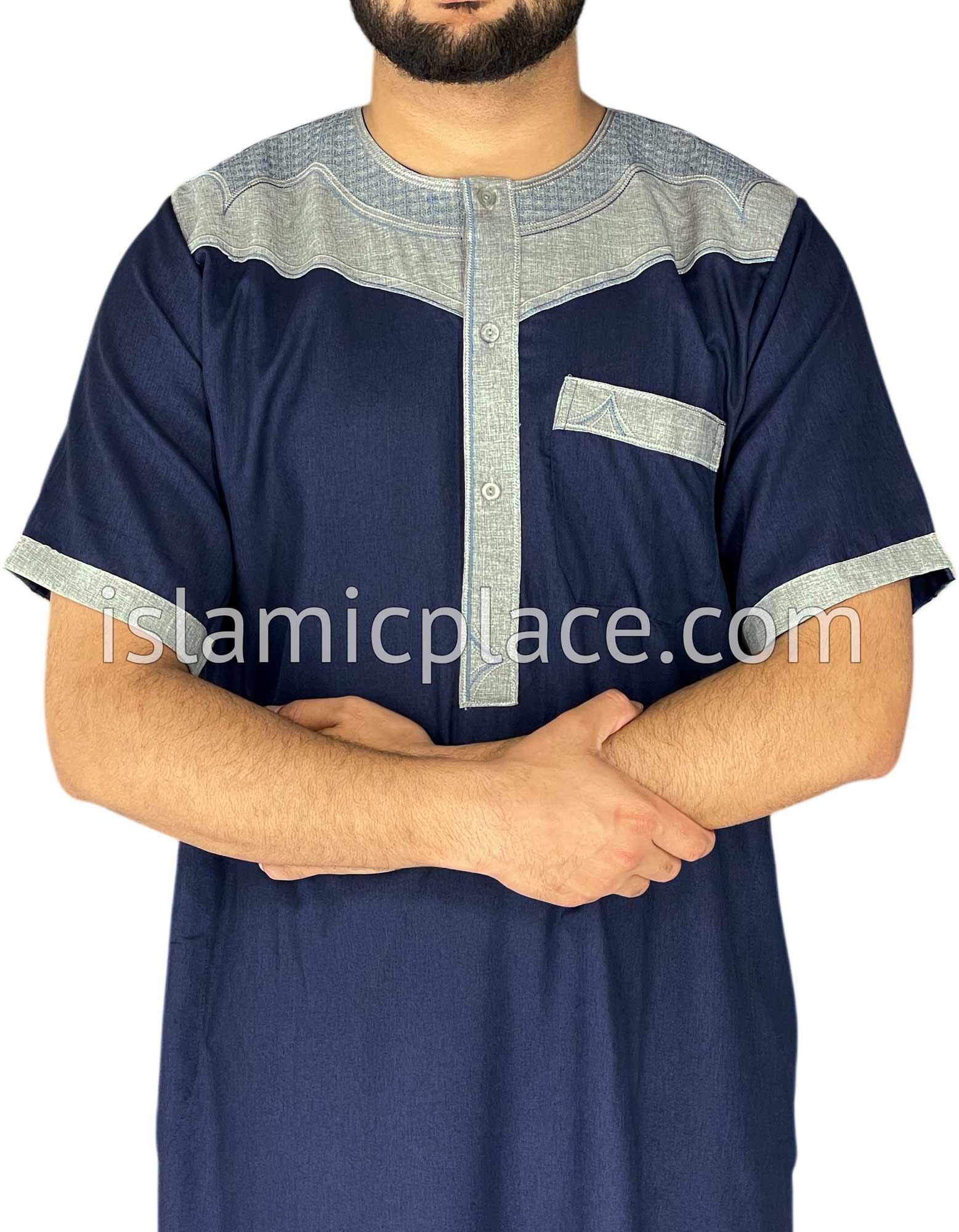 Navy Blue and Silver Gray - Haleem Style Short Sleeve Thob