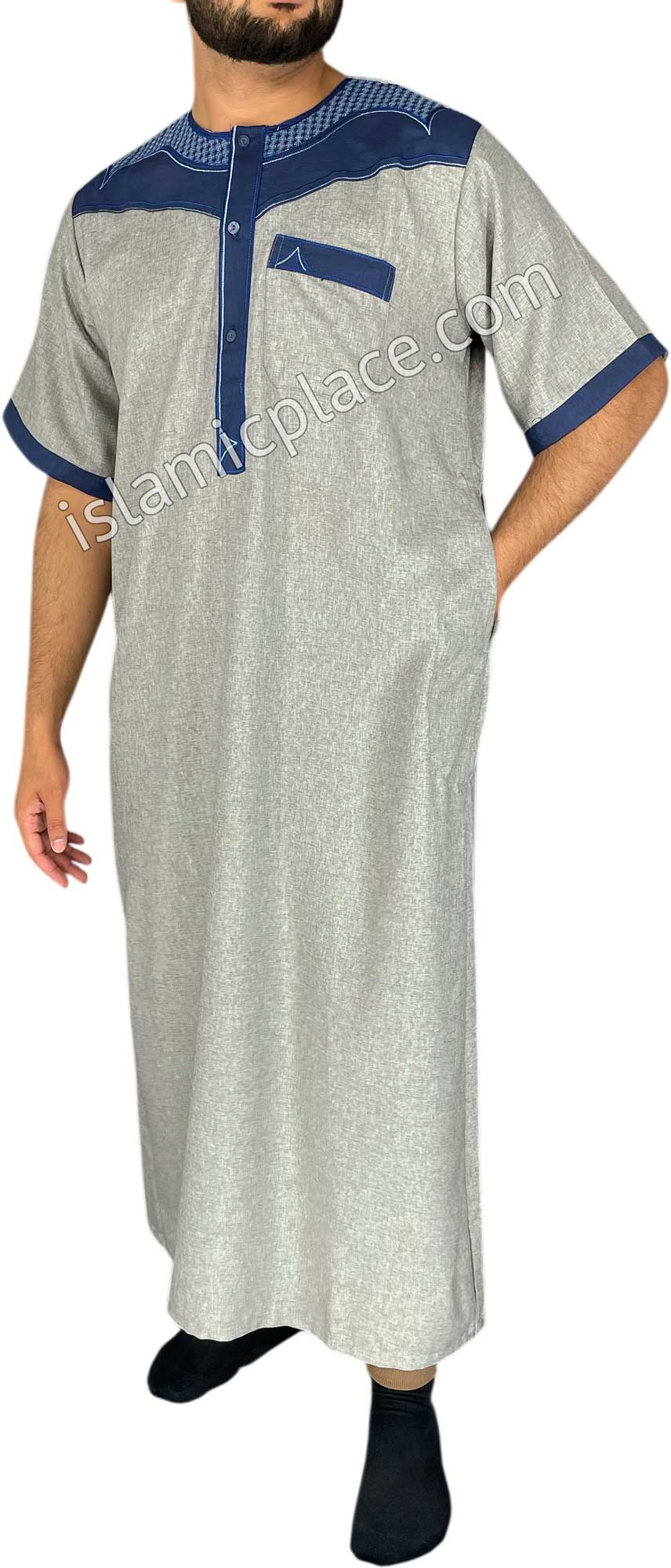 Silver Gray and Navy Blue - Haleem Style Short Sleeve Thob