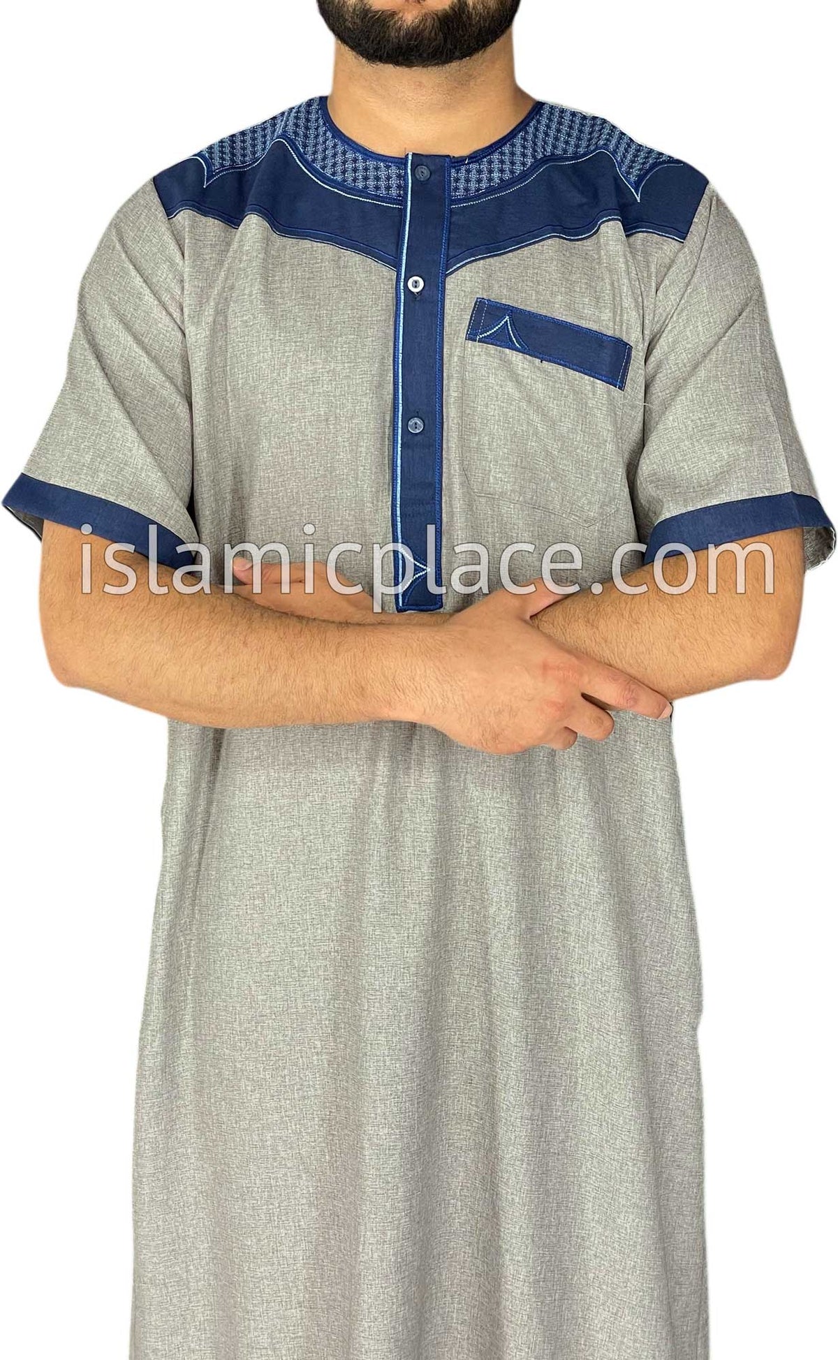 Silver Gray and Navy Blue - Haleem Style Short Sleeve Thob