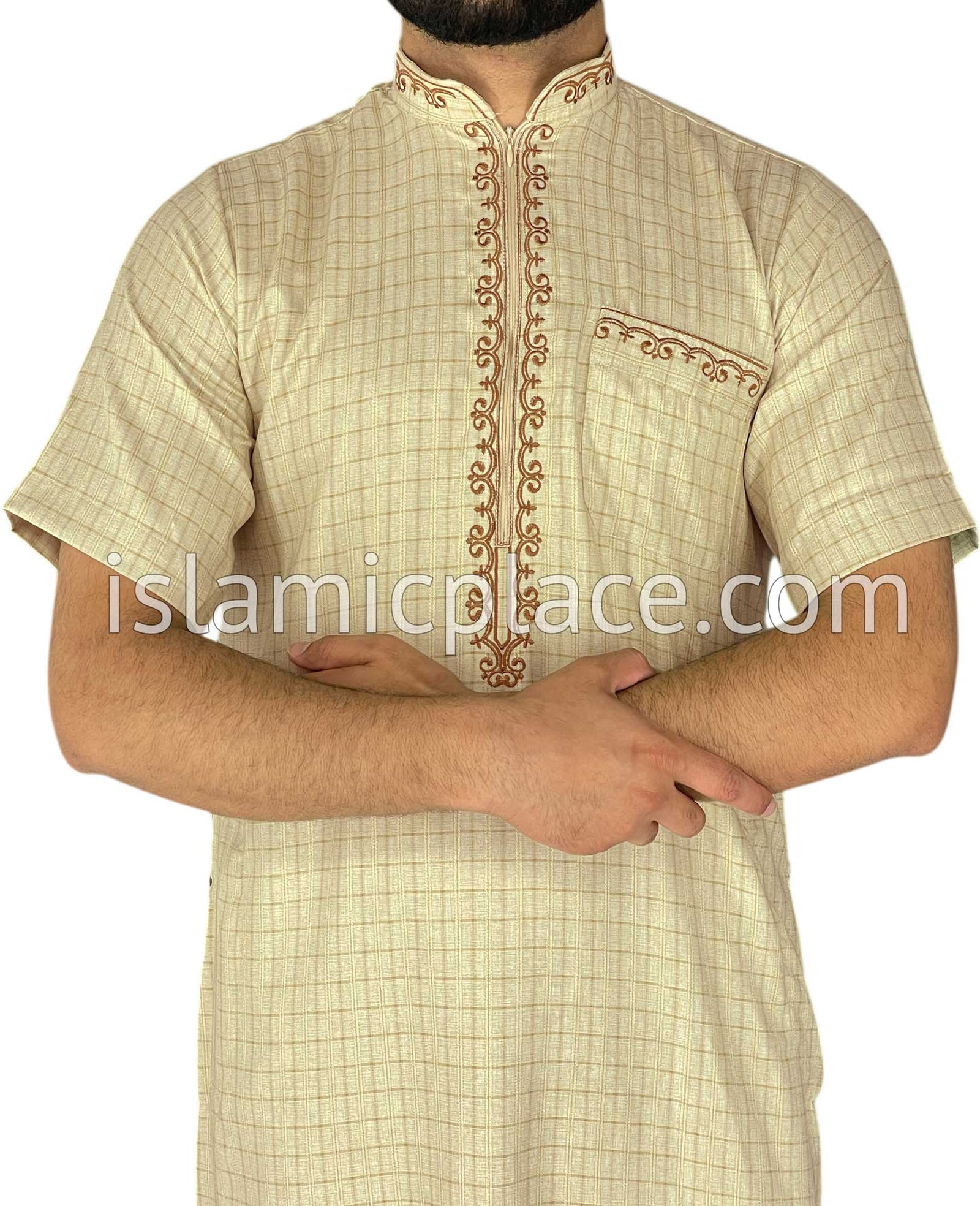 Beige Brown - Irfan Style Short Sleeve Thob