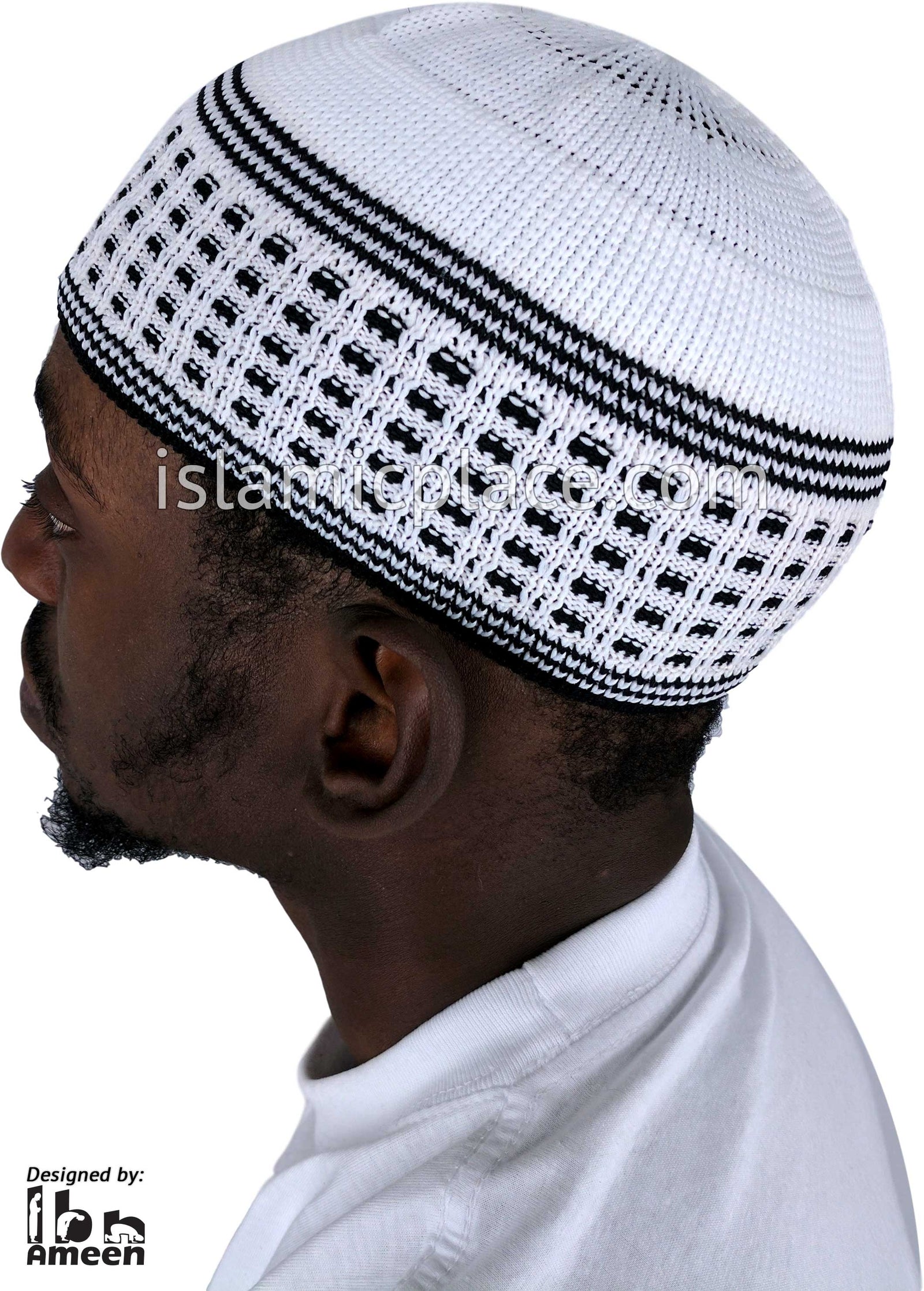 White & Black - Elastic Knitted Ameen Designer Kufi