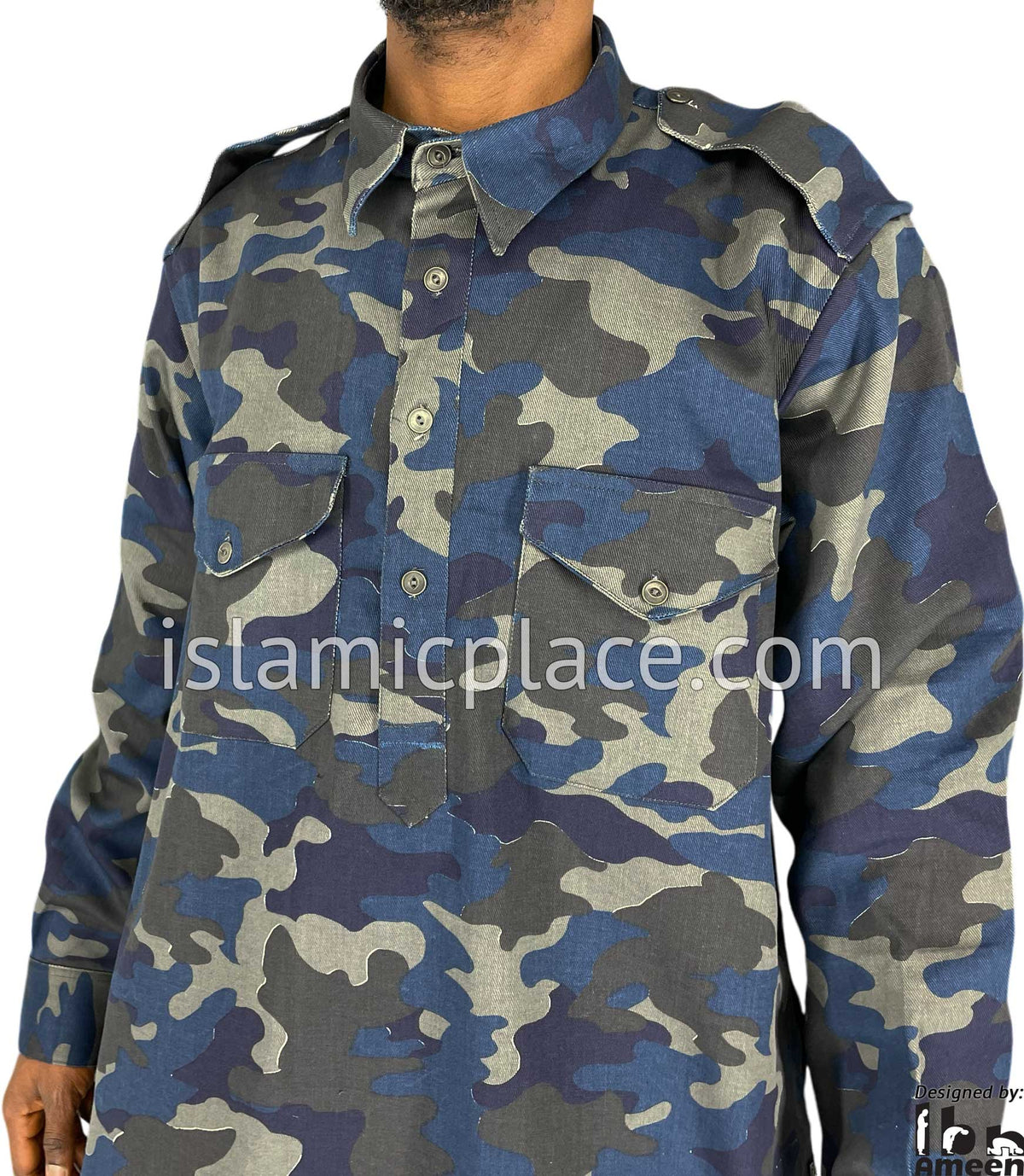 Blue and Gray Camouflage Army Fatigue - Daud Men Military Style Thob by Ibn Ameen - IA11