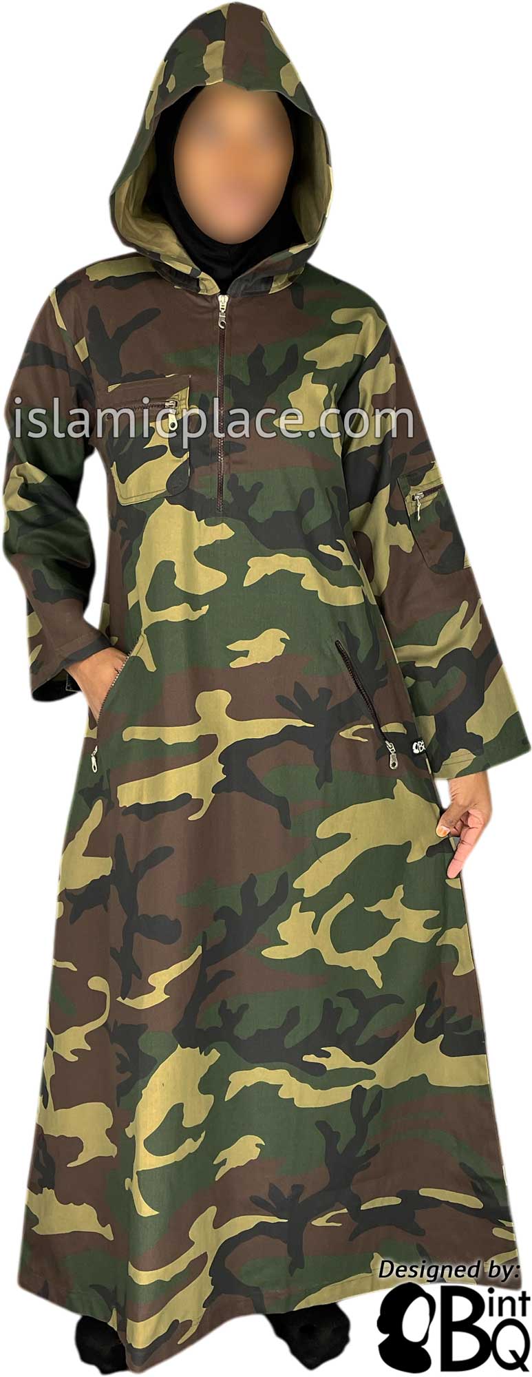 Black, Green and Brown Camouflage Army Fatigue - Zahra Sporty Hoodie Abaya by BintQ - BQ237