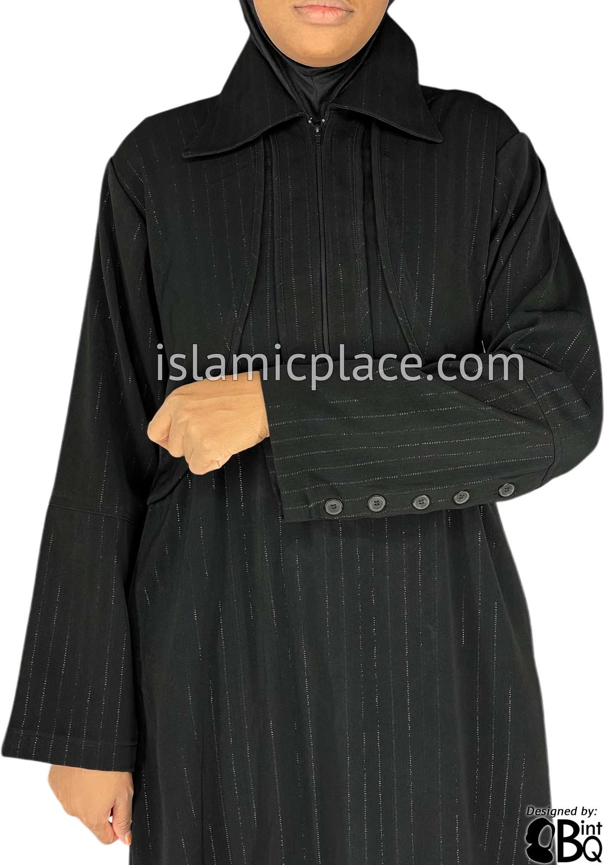Black - Versatile Abaya with Silver Pinstripe Fabric by BintQ - BQ73