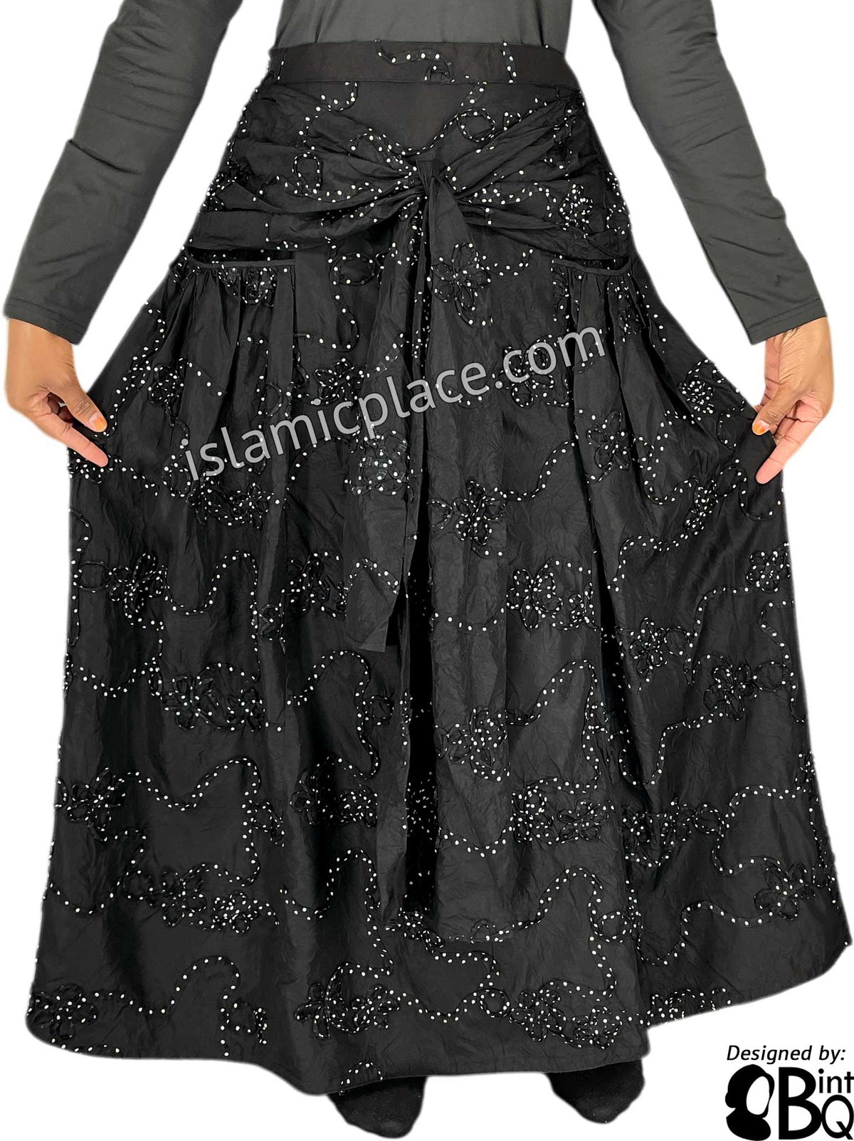 Black and White - Lubna Style Desinger Skirt by BintQ with Polka Dot Ribbon - BQ121