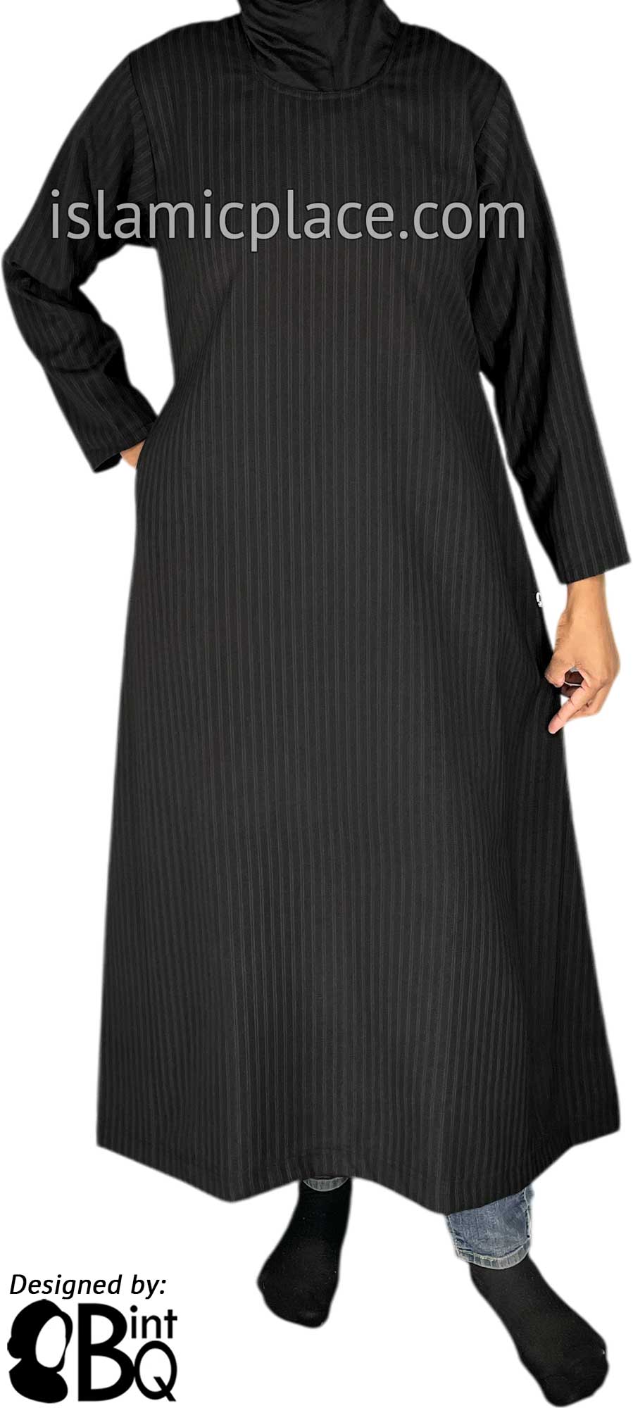 Black with Black Pinstipe - Nadia Style Girl&#39;s Abaya by BintQ