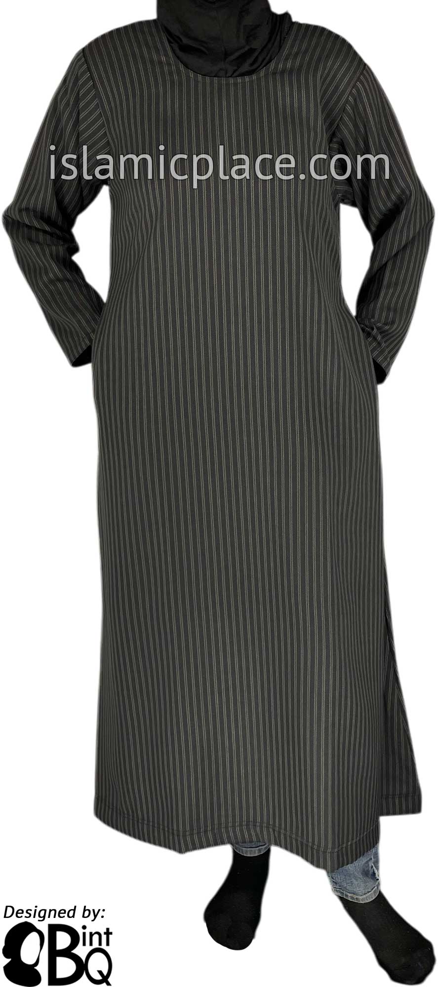 Black with Charcoal Pinstipe - Nadia Style Girl's Abaya by BintQ