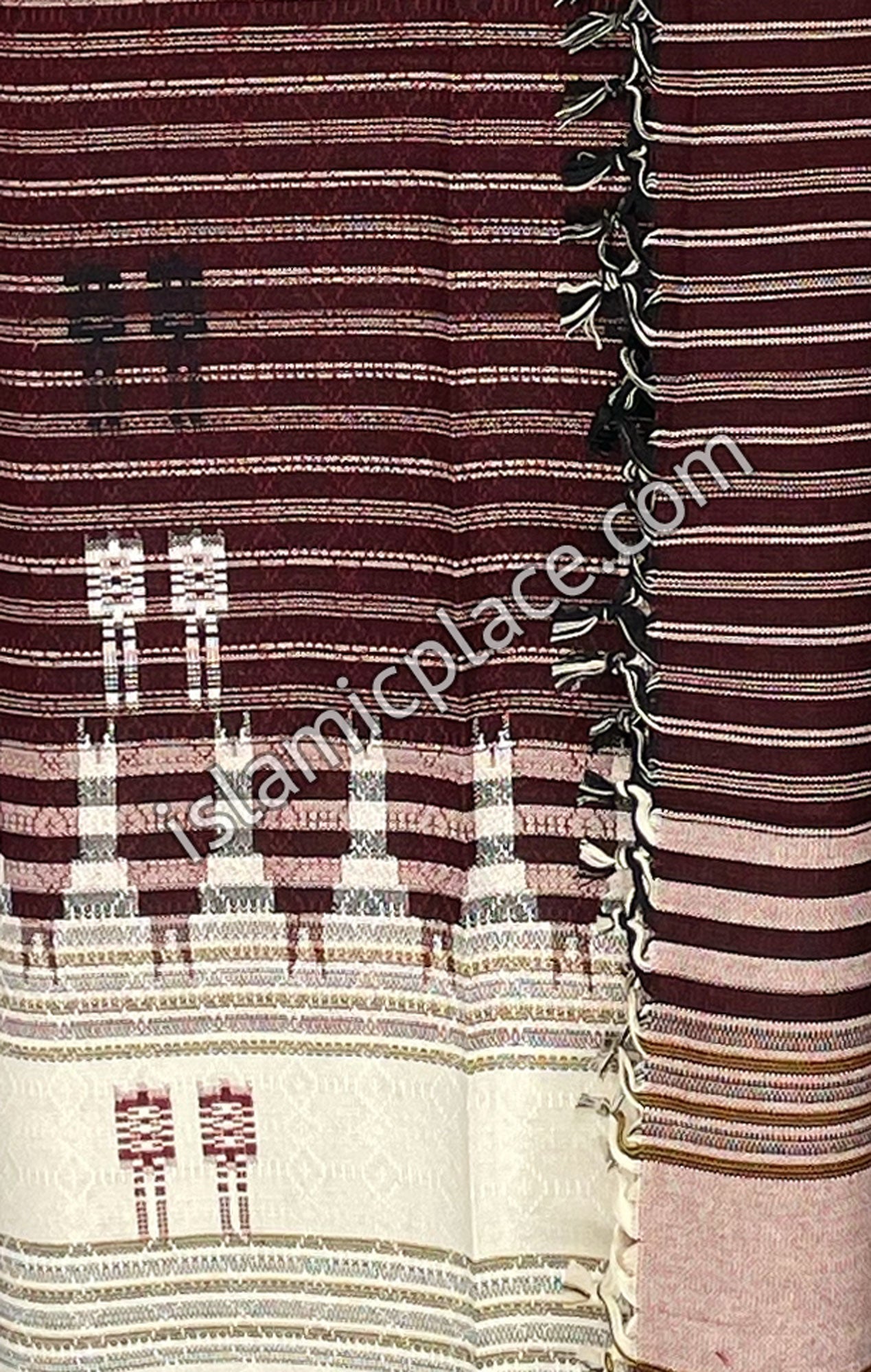 Off White and Burgundy - Abdul Malik Design Men Yemeni Lungi Izzar