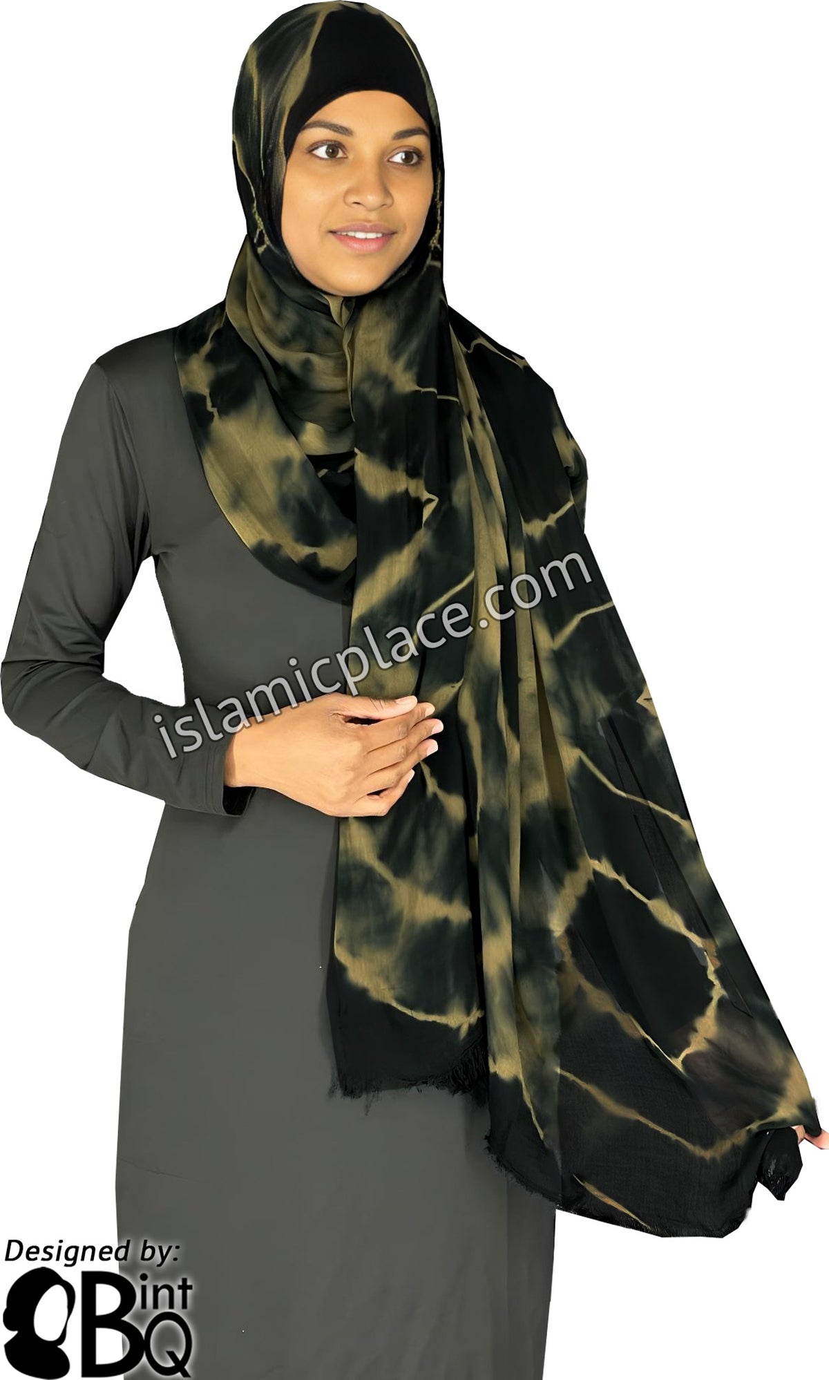 Black and Taupe -  Afrocentric Eclipse Rings Tie Dye Pattern Modal Printed Shayla Long Rectangle Hijab 30"x72"