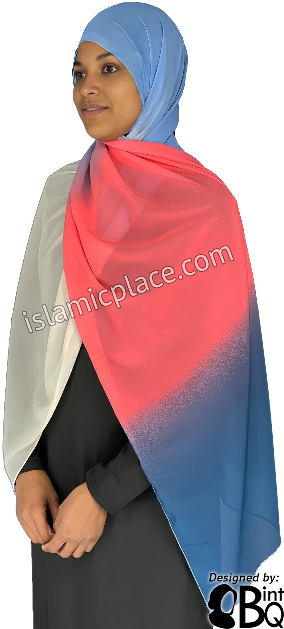 Navy Blue, Coral, Sky Blue and Off White - G4 Ombre Dye Georgette Shayla Long Rectangle Hijab 28"x70"