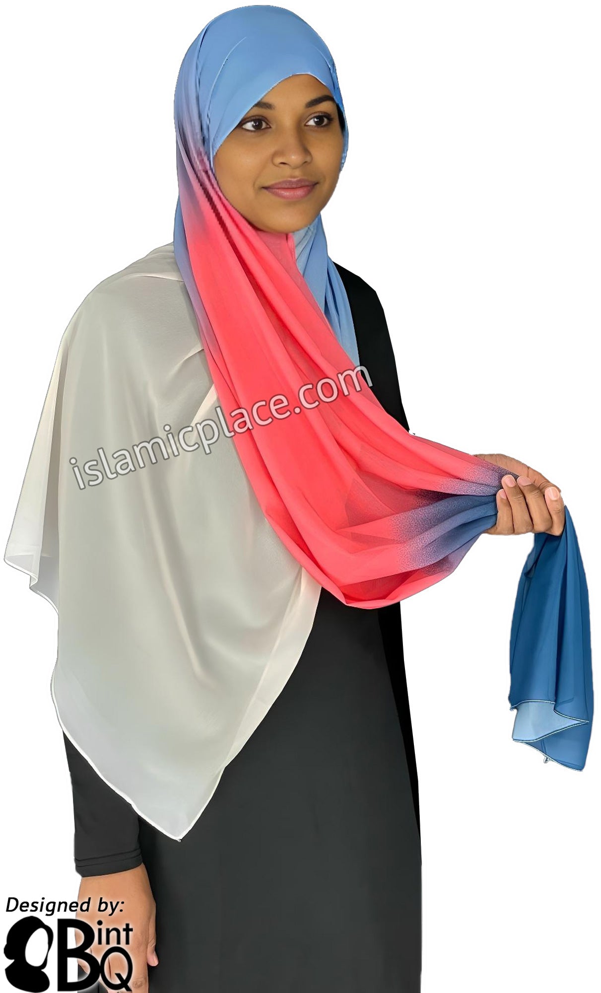 Navy Blue, Coral, Sky Blue and Off White - G4 Ombre Dye Georgette Shayla Long Rectangle Hijab 28"x70"