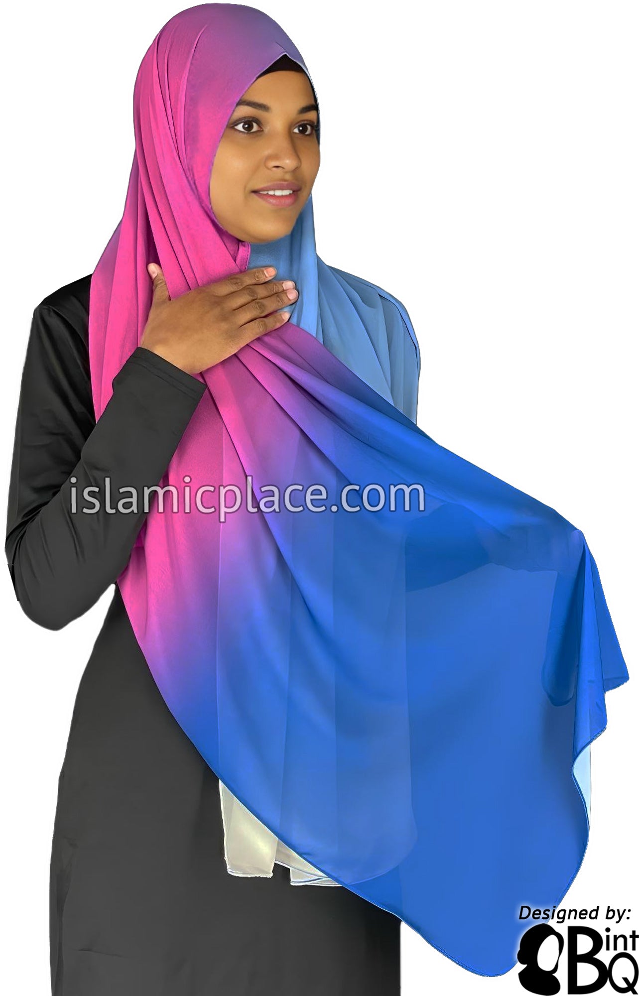 Navy Blue, Cabaret, Sky Blue and Off White - G4 Ombre Dye Georgette Shayla Long Rectangle Hijab 28"x70"