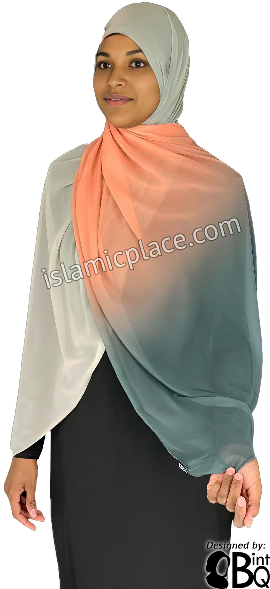 Charcoal Gray, Peach, Light Gray and Off White - G4 Ombre Dye Georgette Shayla Long Rectangle Hijab 28"x70"