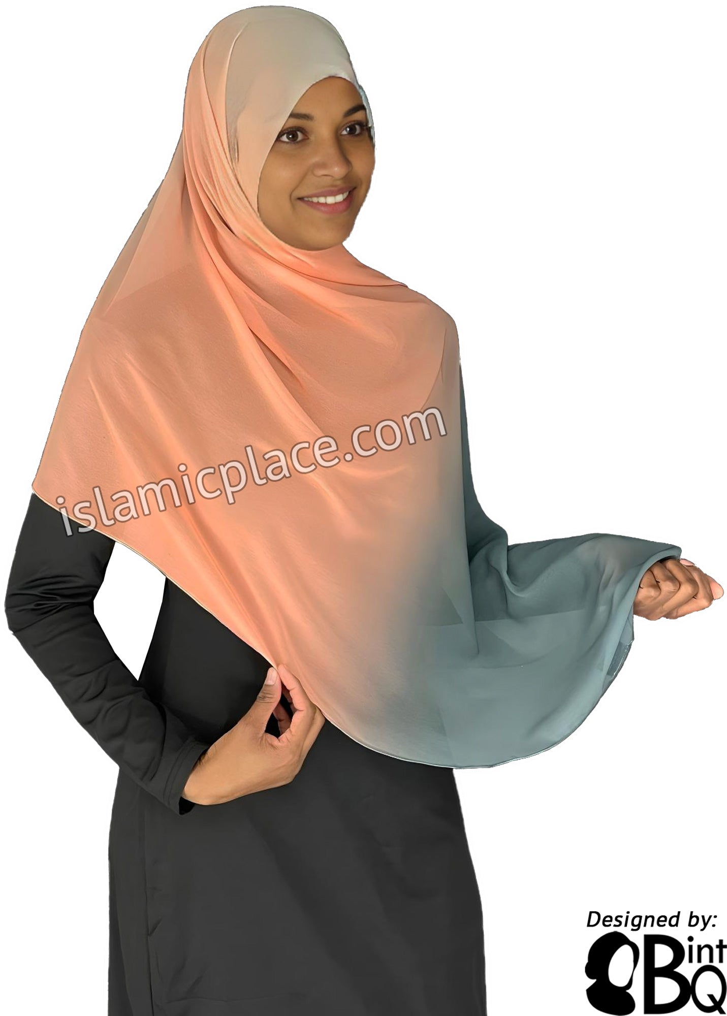 Charcoal Gray, Peach, Light Gray and Off White - G4 Ombre Dye Georgette Shayla Long Rectangle Hijab 28"x70"