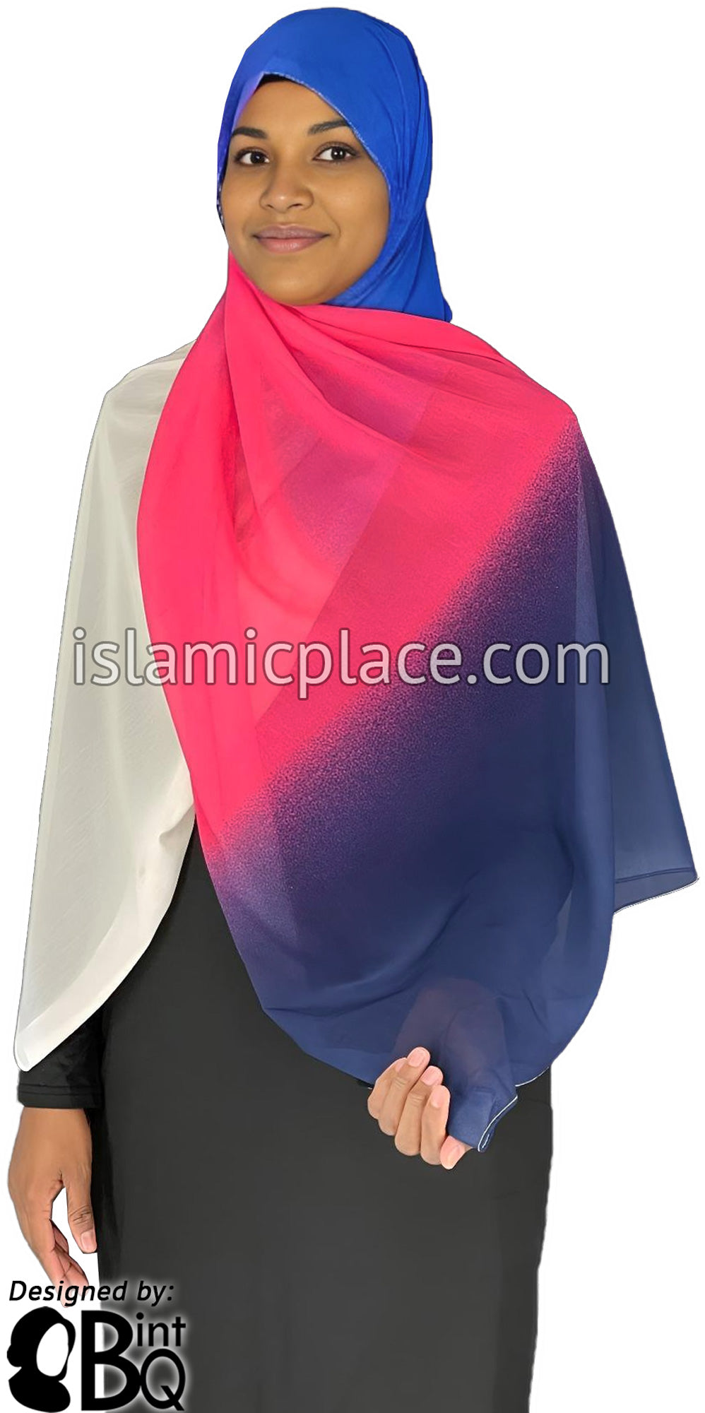 Navy Blue, Neon Pink, Royal Blue and Cream - G4 Ombre Dye Georgette Shayla Long Rectangle Hijab 28"x70"
