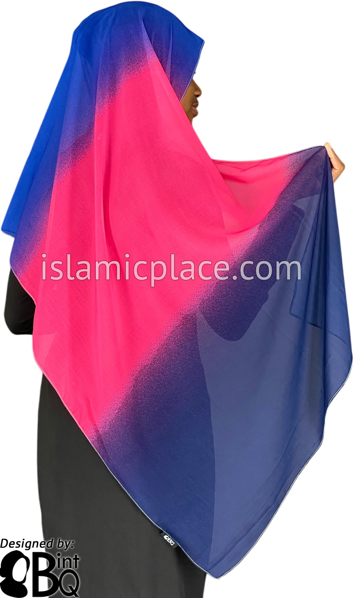 Navy Blue, Neon Pink, Royal Blue and Cream - G4 Ombre Dye Georgette Shayla Long Rectangle Hijab 28"x70"