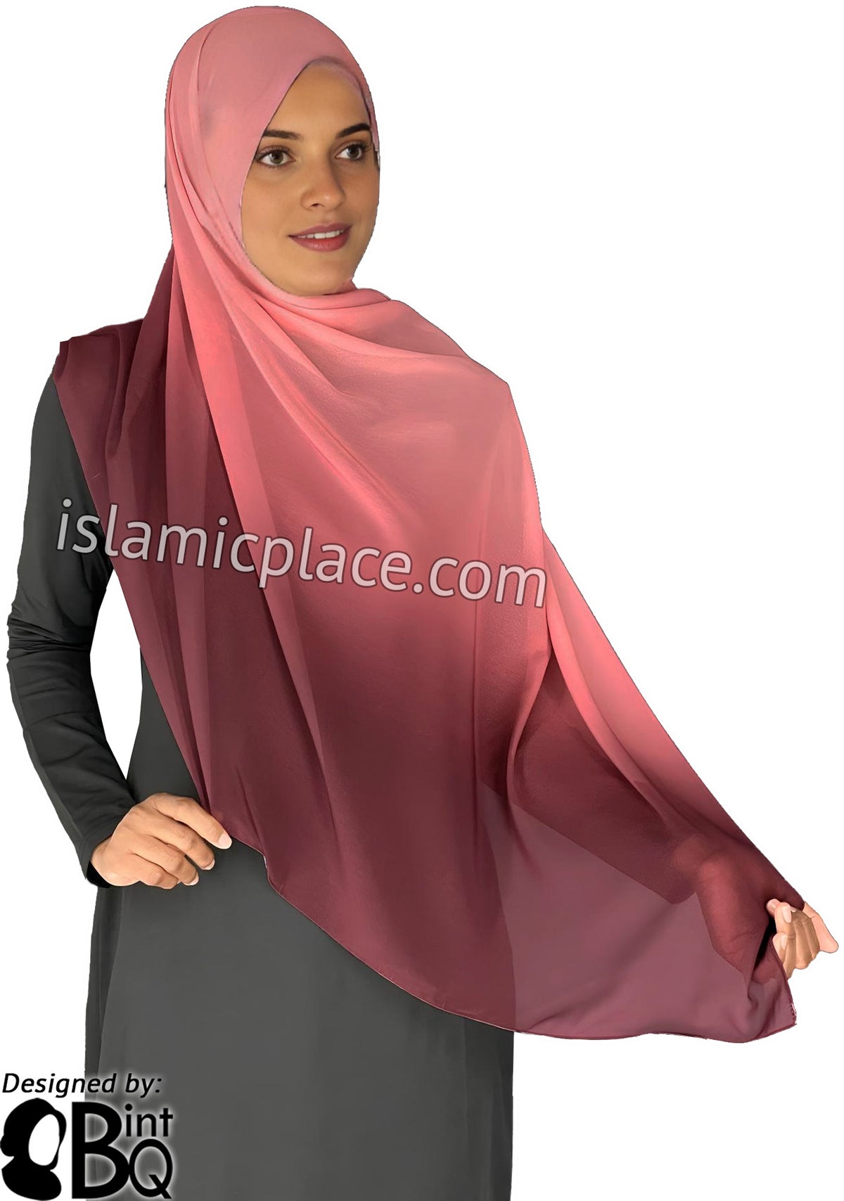 Burgundy and Coral - G2 Ombre Dye Georgette Shayla Long Rectangle Hijab 28"x70"