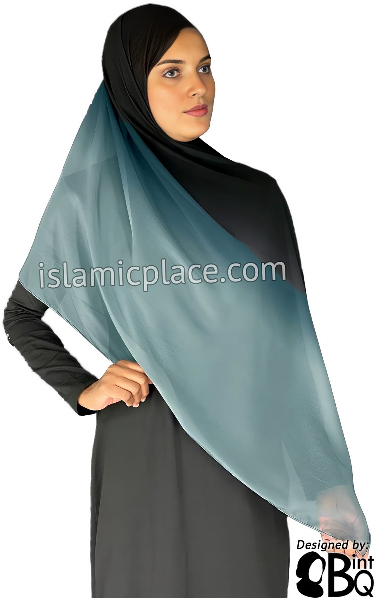 Black and Sky Blue - G2 Ombre Dye Georgette Shayla Long Rectangle Hijab 28"x70"