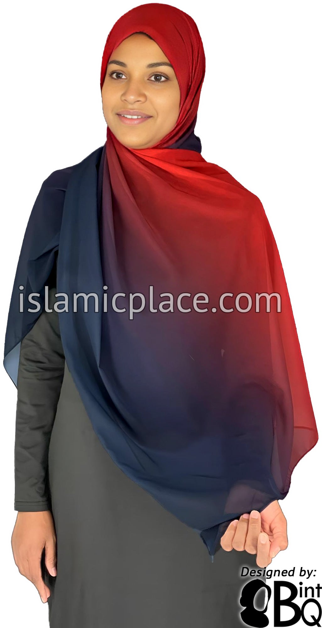 Blood Red and Navy Blue - G2 Ombre Dye Georgette Shayla Long Rectangle Hijab 28"x70"