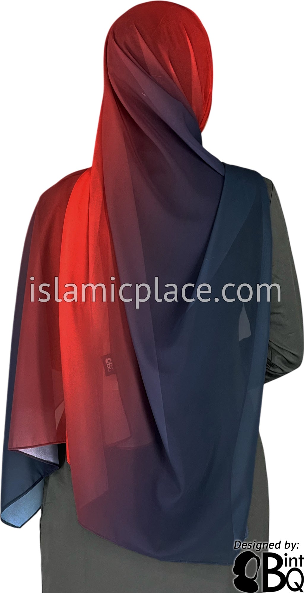 Blood Red and Navy Blue - G2 Ombre Dye Georgette Shayla Long Rectangle Hijab 28"x70"