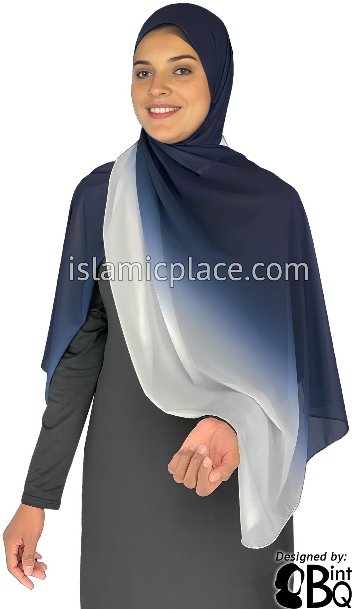 Navy Blue and Silver Gray - G2 Ombre Dye Georgette Shayla Long Rectangle Hijab 28"x70"