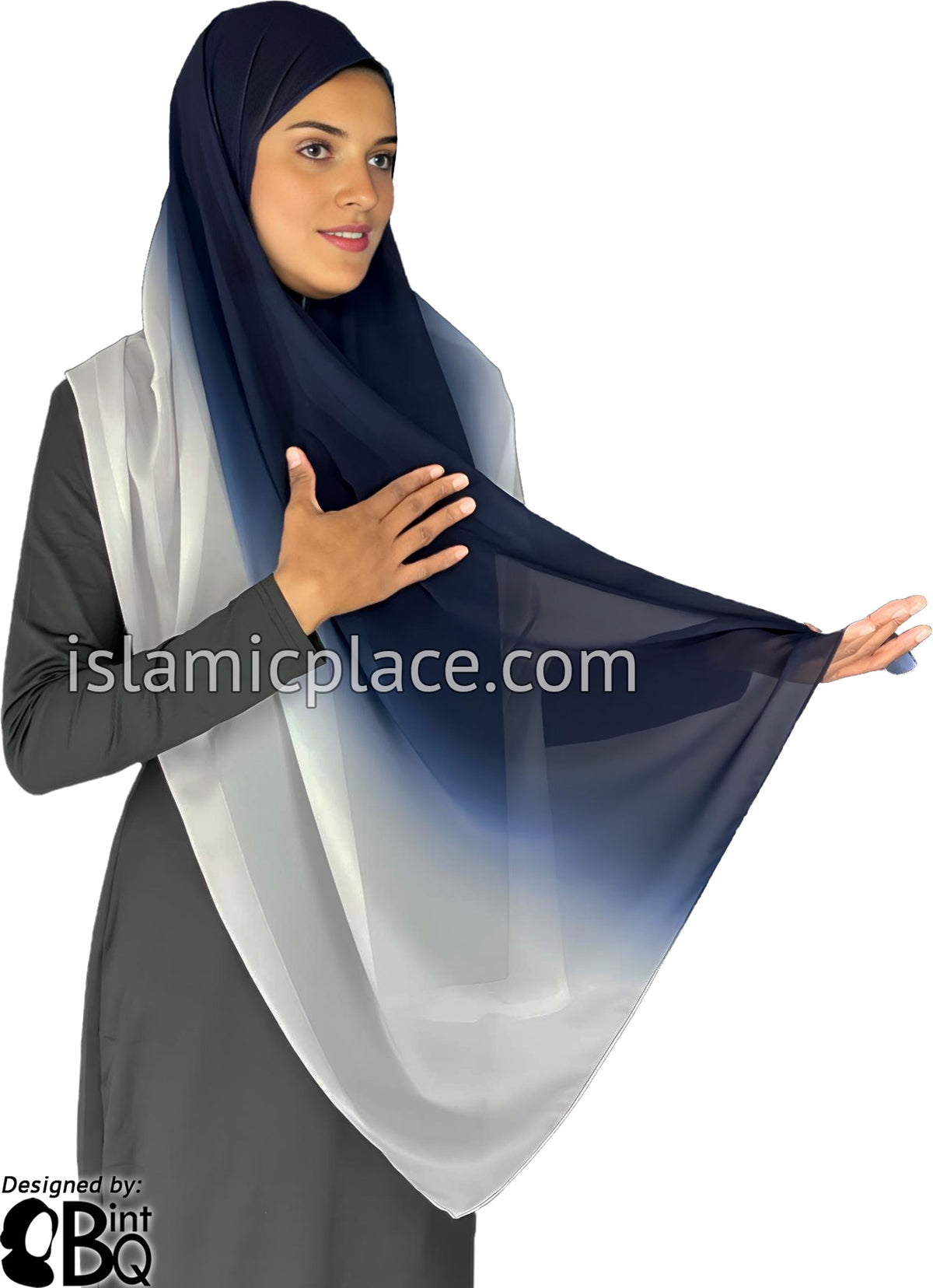 Navy Blue and Silver Gray - G2 Ombre Dye Georgette Shayla Long Rectangle Hijab 28"x70"