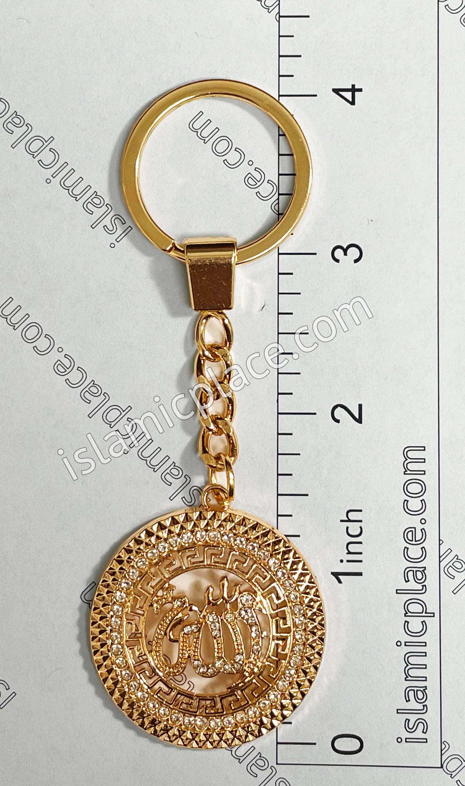 Gold with Rhinestone Round Allah Stainless Steel Keychain with Split Key Ring - hdk10