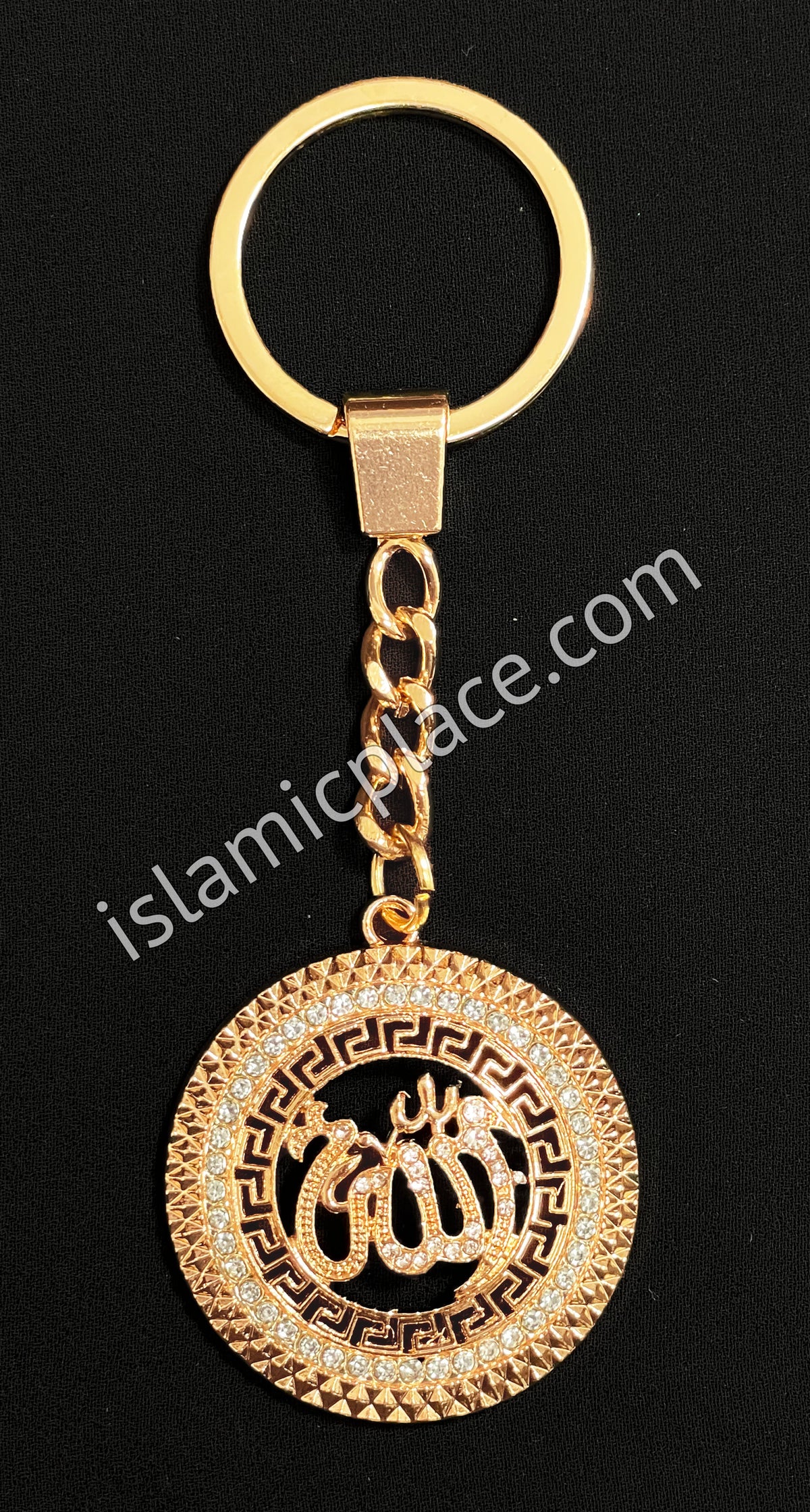 Gold with Rhinestone Round Allah Stainless Steel Keychain with Split Key Ring - hdk10