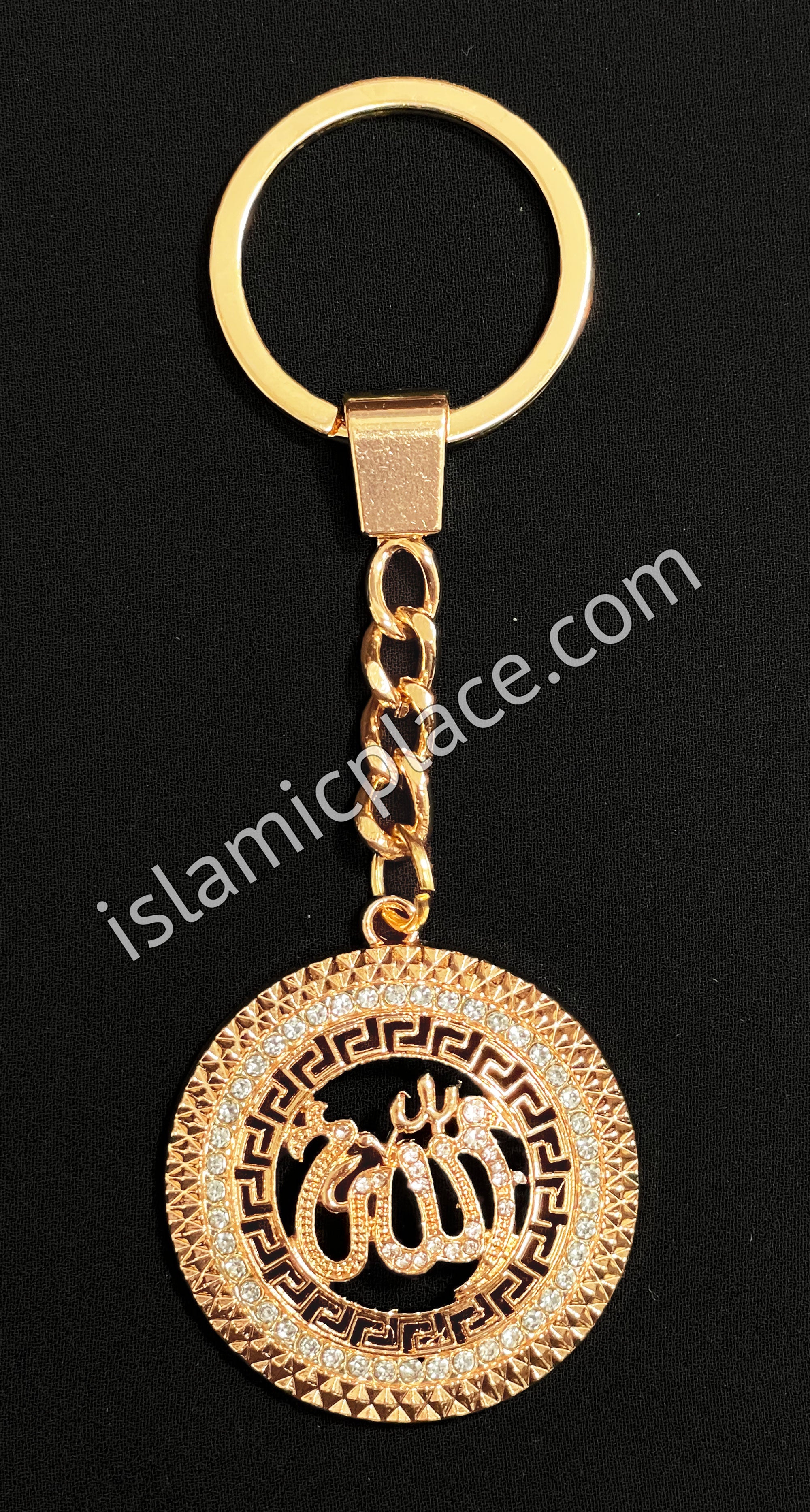 Gold with Rhinestone Round Allah Stainless Steel Keychain with Split Key Ring - hdk10