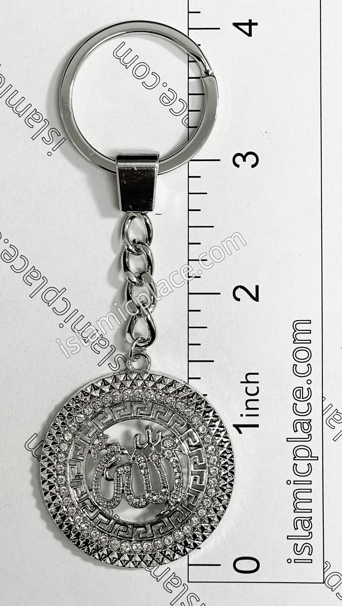 Silver with Rhinestone Round Allah Stainless Steel Keychain with Split Key Ring - hdk10