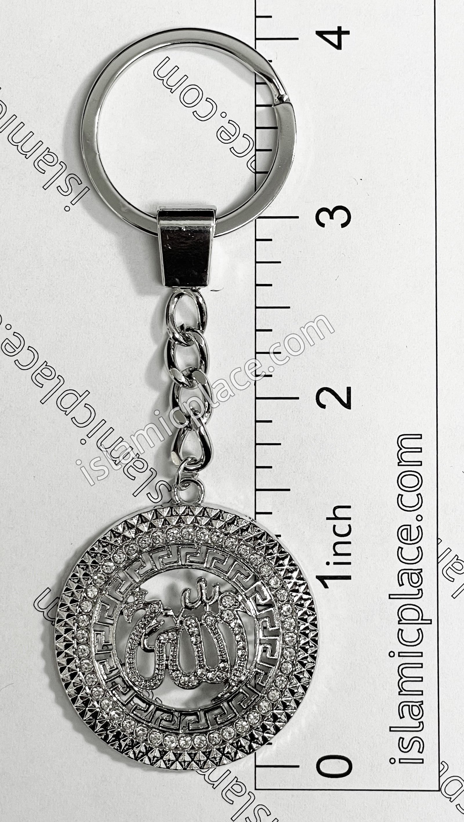 Silver with Rhinestone Round Allah Stainless Steel Keychain with Split Key Ring - hdk10