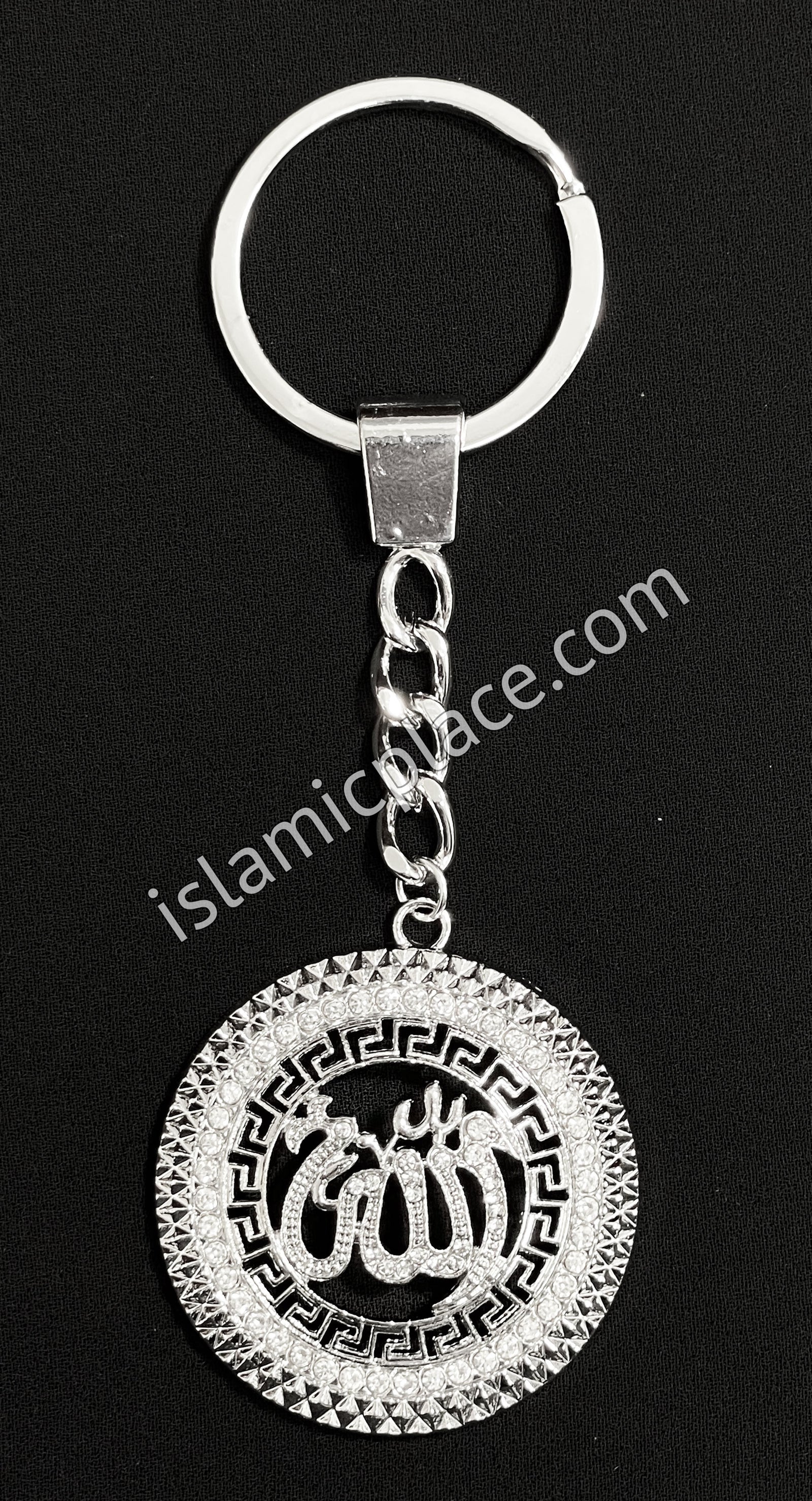 Silver with Rhinestone Round Allah Stainless Steel Keychain with Split Key Ring - hdk10