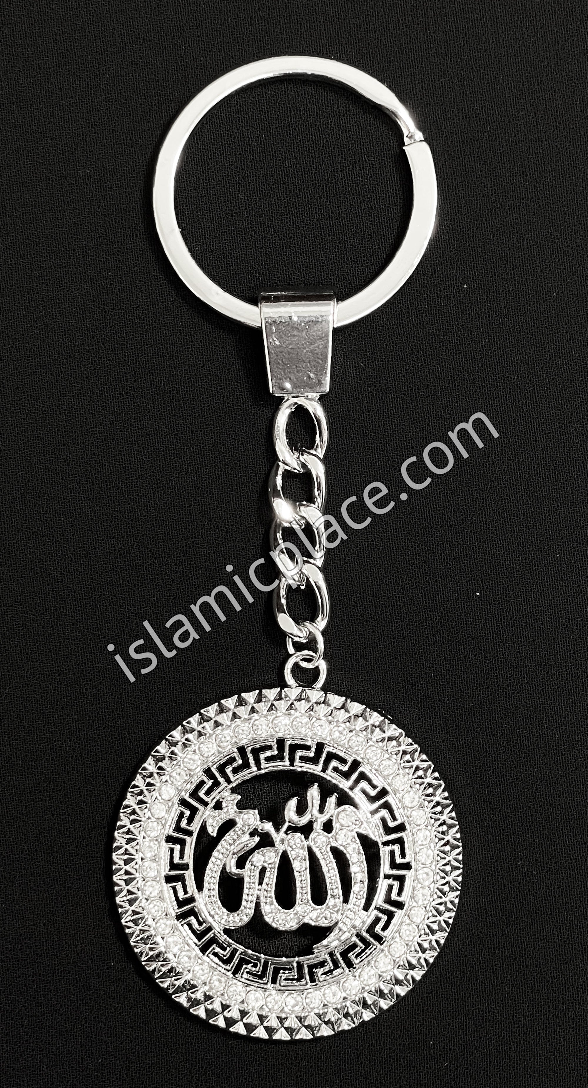 Silver with Rhinestone Round Allah Stainless Steel Keychain with Split Key Ring - hdk10