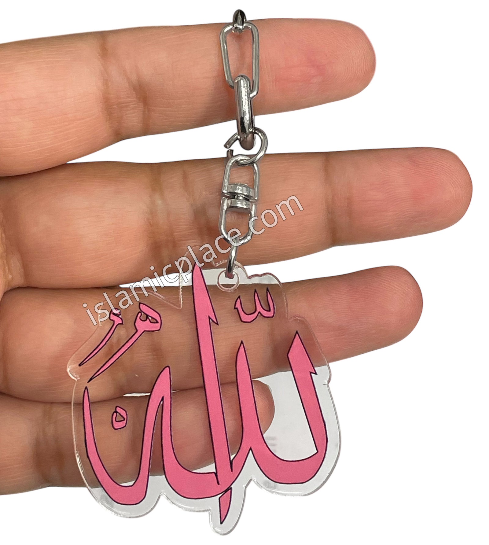 Pink Allah Calligraphy on Translucent Crystal Keychain with Gate Ring - hdk11