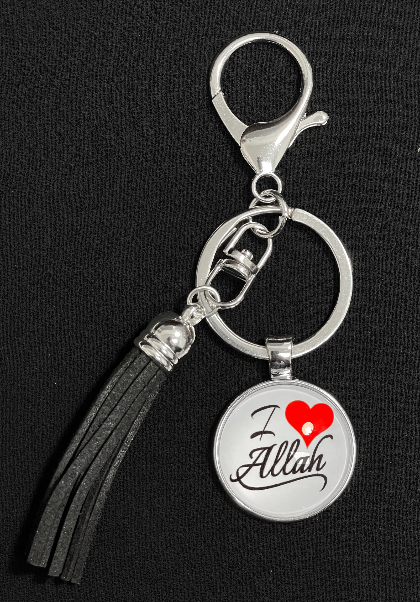 "I Love Allah" on White Stainless Steel Keychain with Gate Ring - hdk16