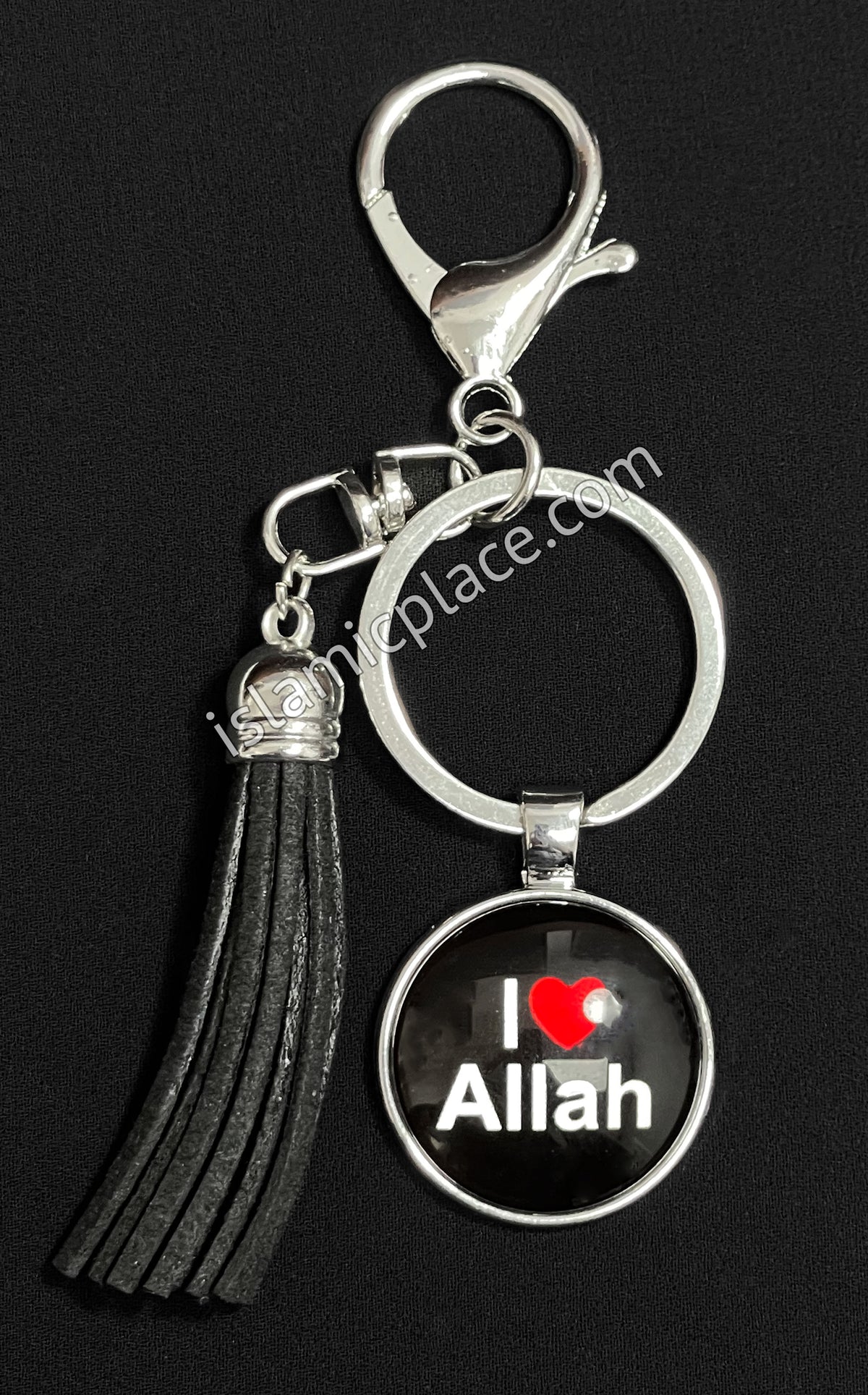 &quot;I Love Allah&quot; on Black Stainless Steel Keychain with Gate Ring - hdk17
