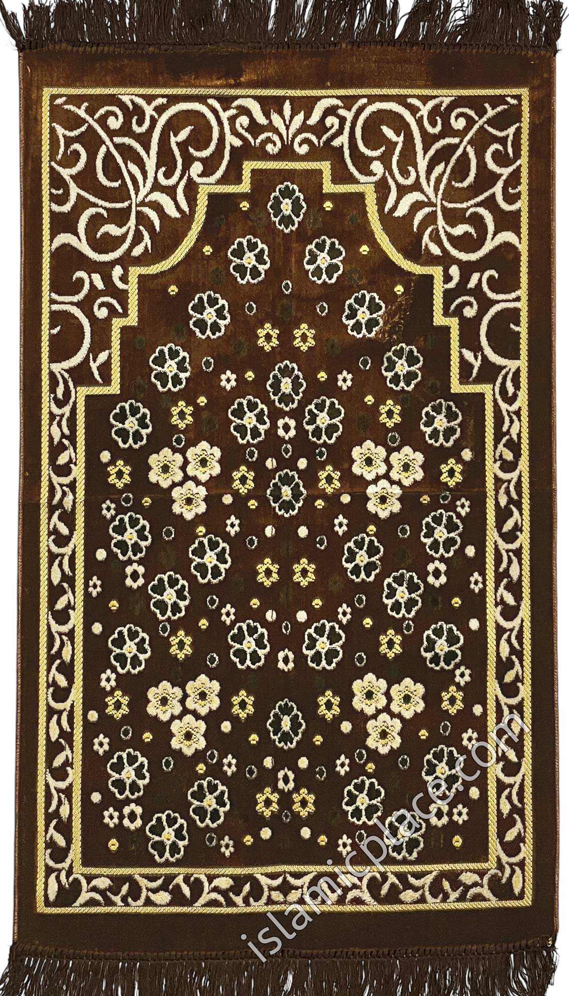 Brown, Tan and Black Prayer Rug with Floral Paradise Mihrab