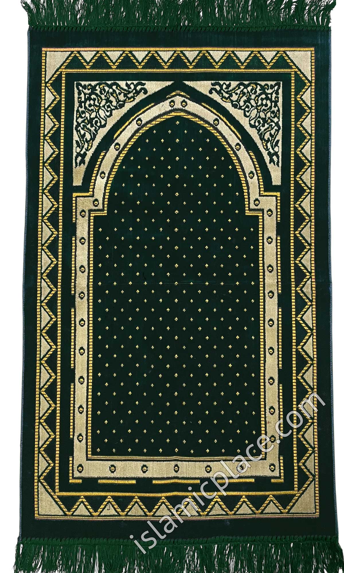 Dark Green and Tan Prayer Rug with Dubai Mihrab
