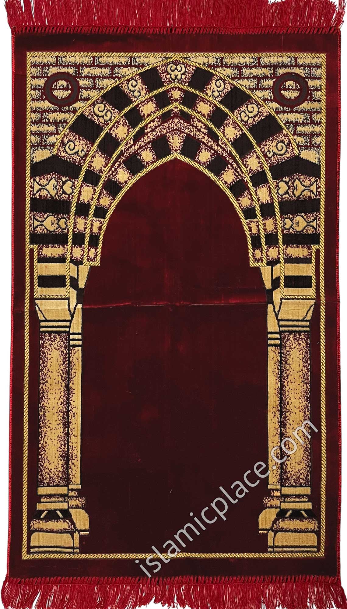 Burgundy and Tan Prayer Rug with Medina Mihrab