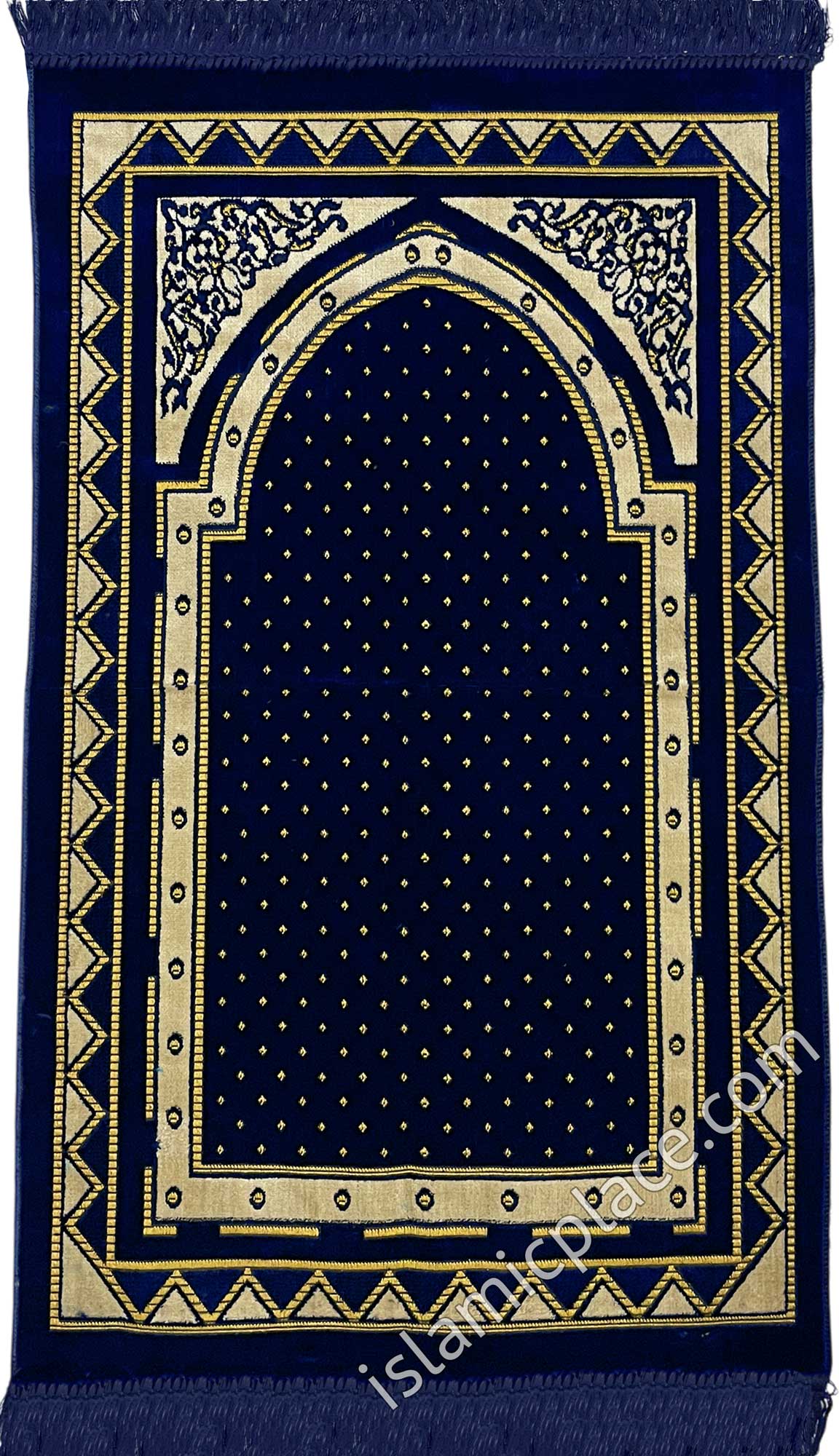 Navy Blue and Tan Prayer Rug with Dubai Mihrab