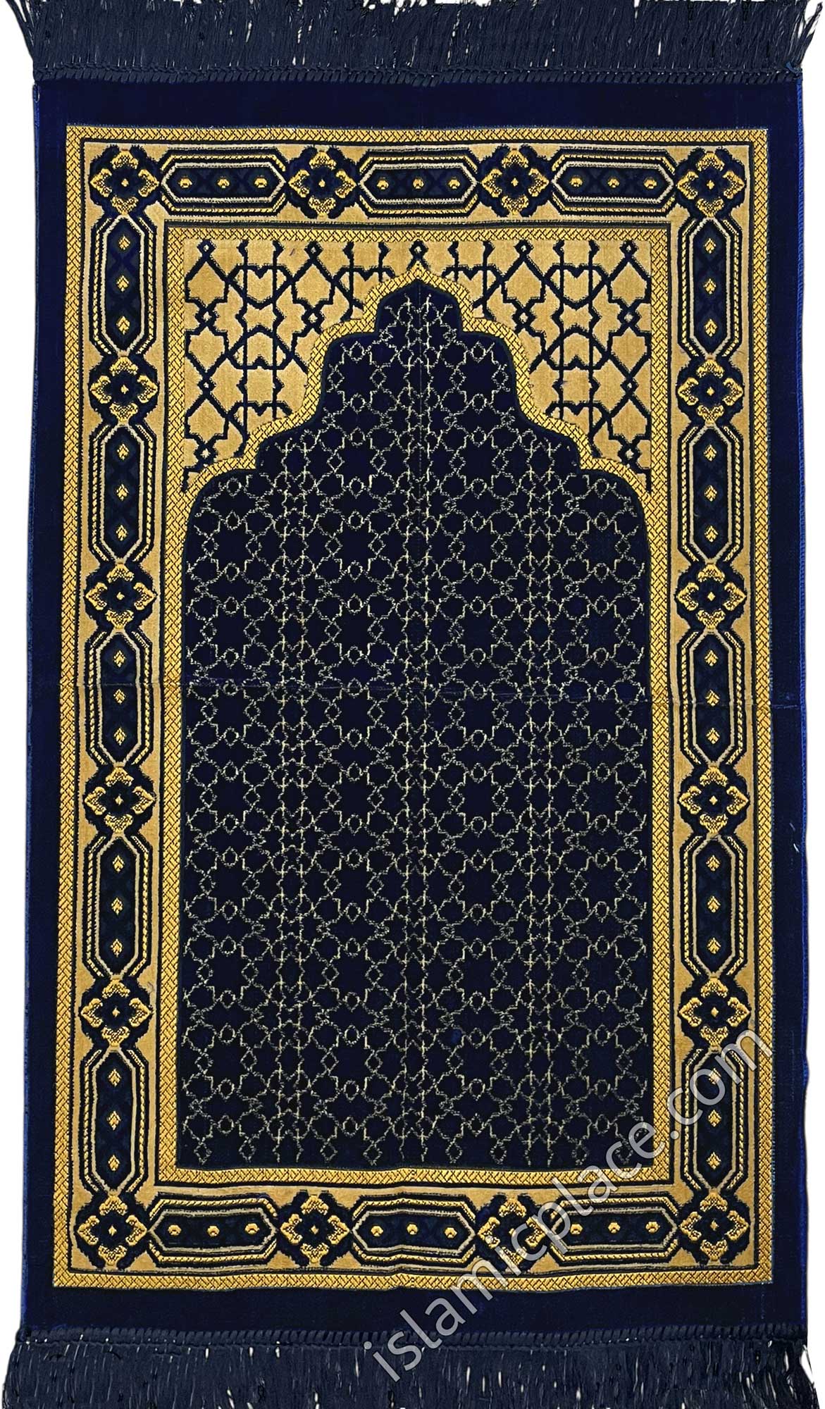Navy Blue and Tan Prayer Rug with Grill Mihrab