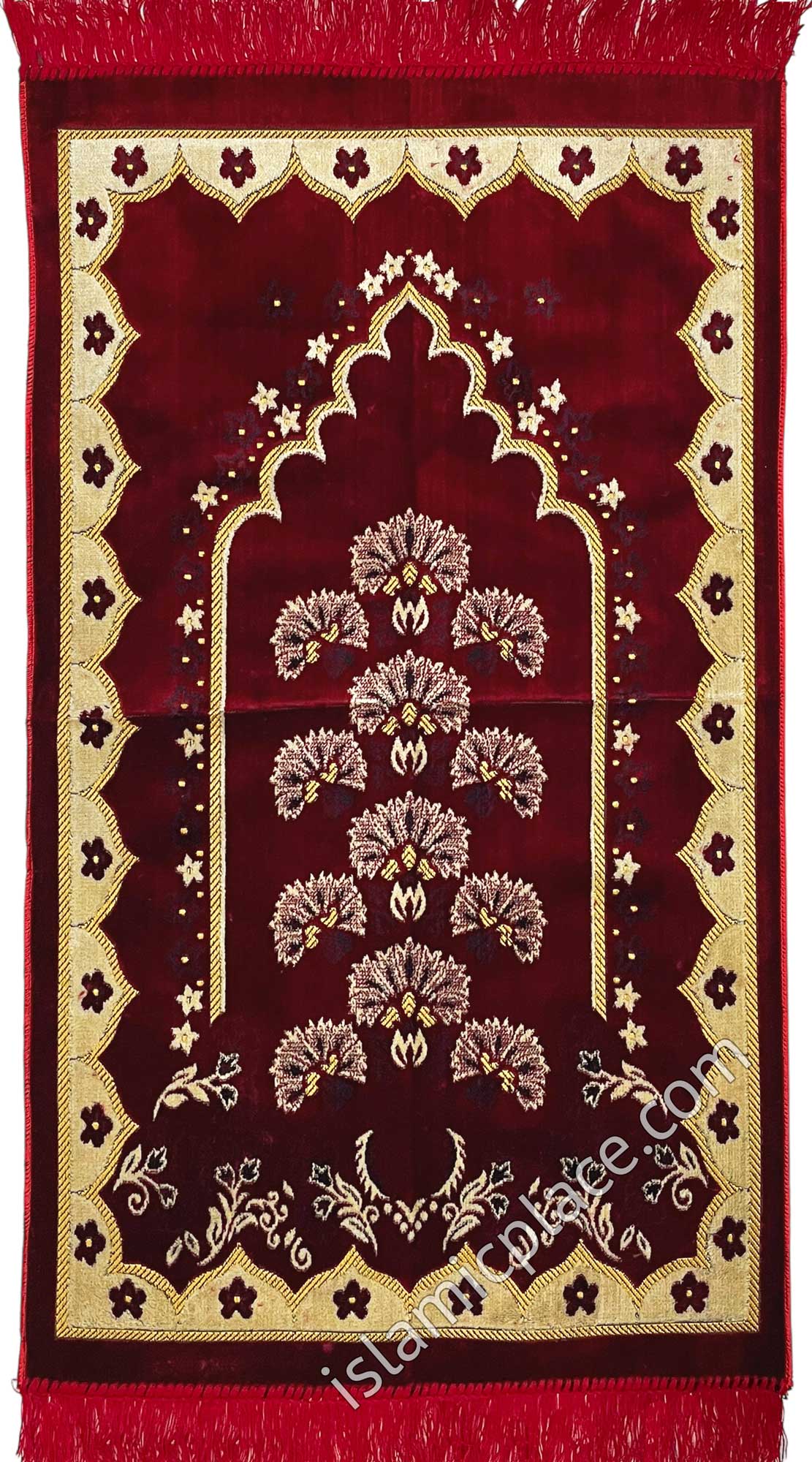 Burgundy and Tan Prayer Rug with Arched Border Design