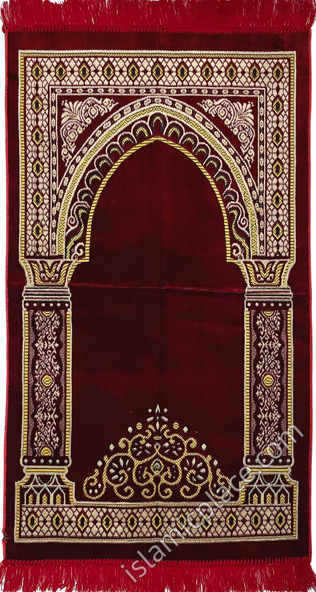 Burgundy and Tan Prayer Rug with Tiara Mihrab