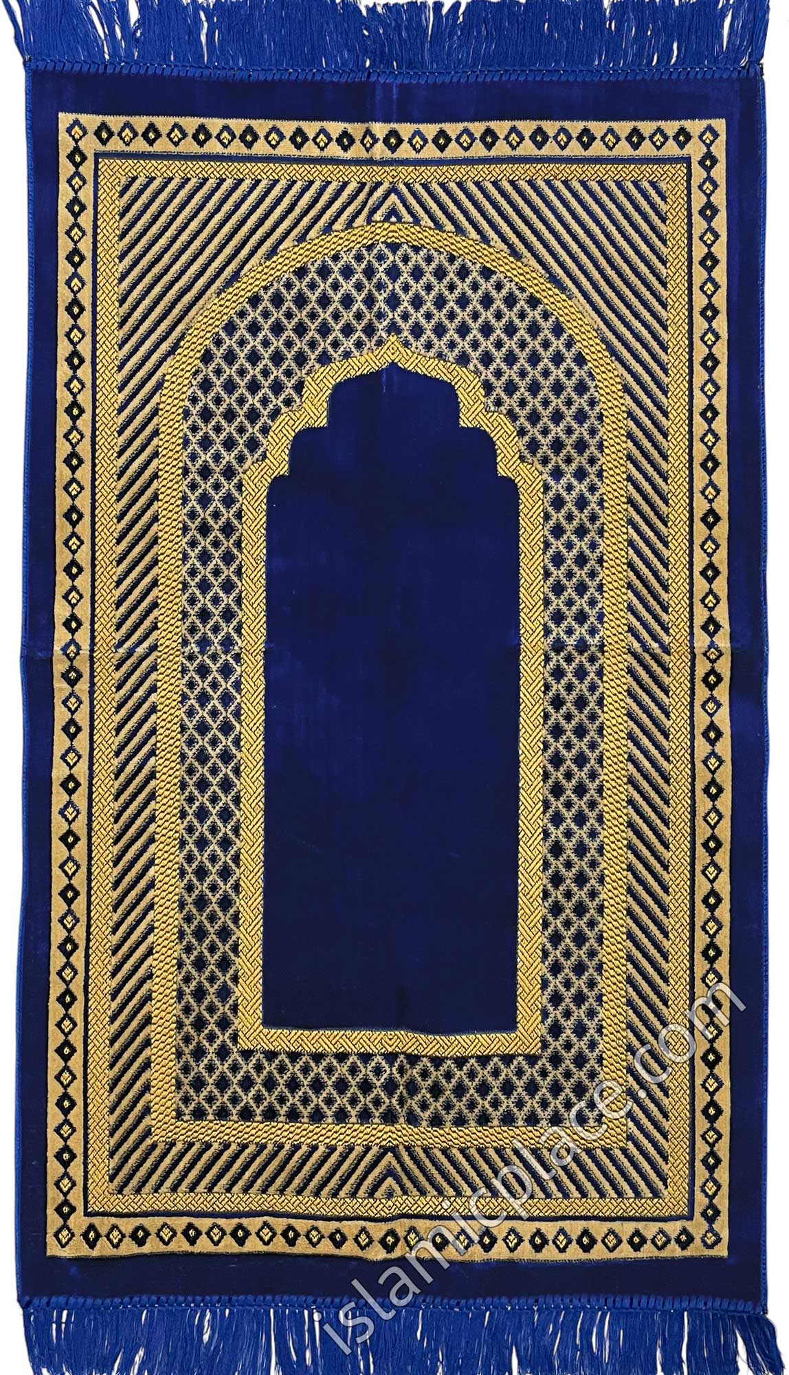 Royal Blue Prayer Rug with Linear Mihrab and Diamond Border