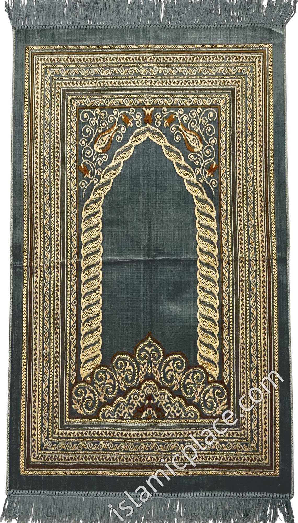Gray and Tan Prayer Rug with Braid Mihrab