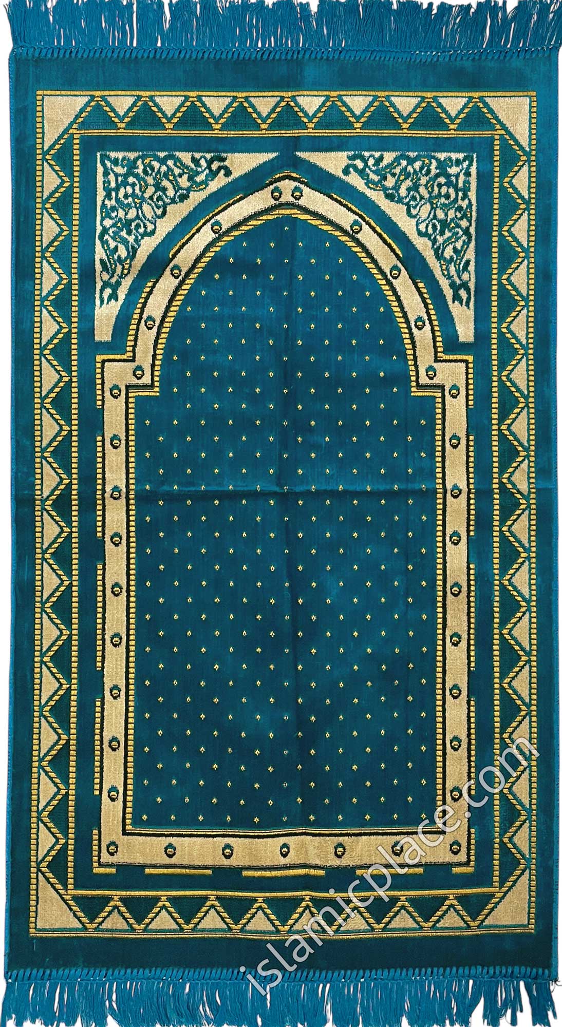 Teal Blue and Tan Prayer Rug with Dubai Mihrab