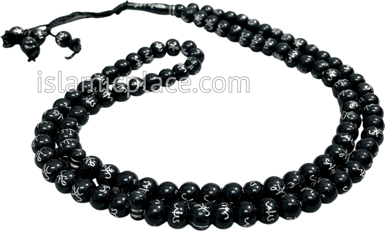 Black and Silver - Large Bead Tasbih Prayer Beads with Allah & Muhammad Script